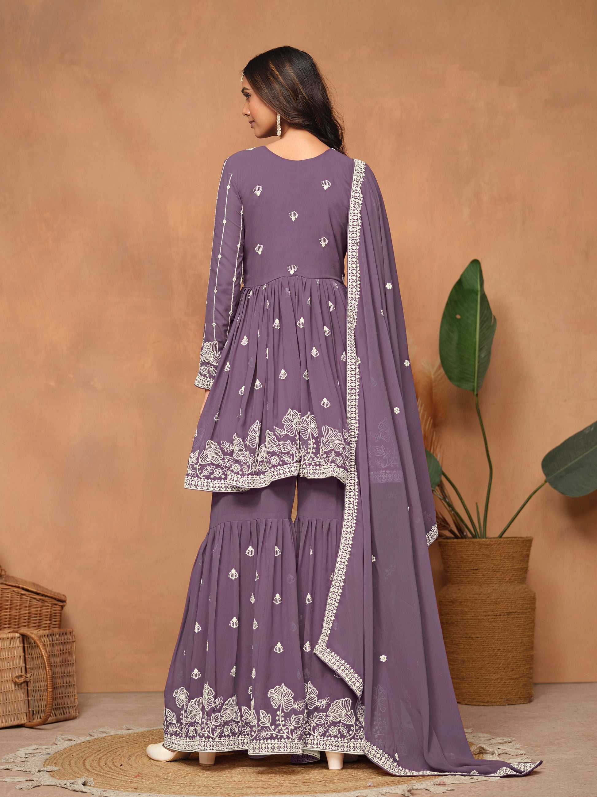 Purple Faux Georgette Embroidered Sharara Suit with Santoon Inner