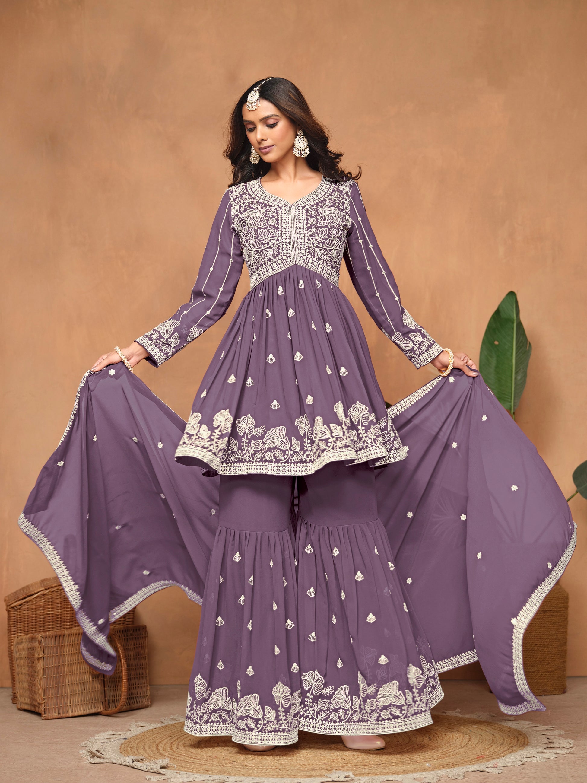 Purple Faux Georgette Embroidered Sharara Suit with Santoon Inner