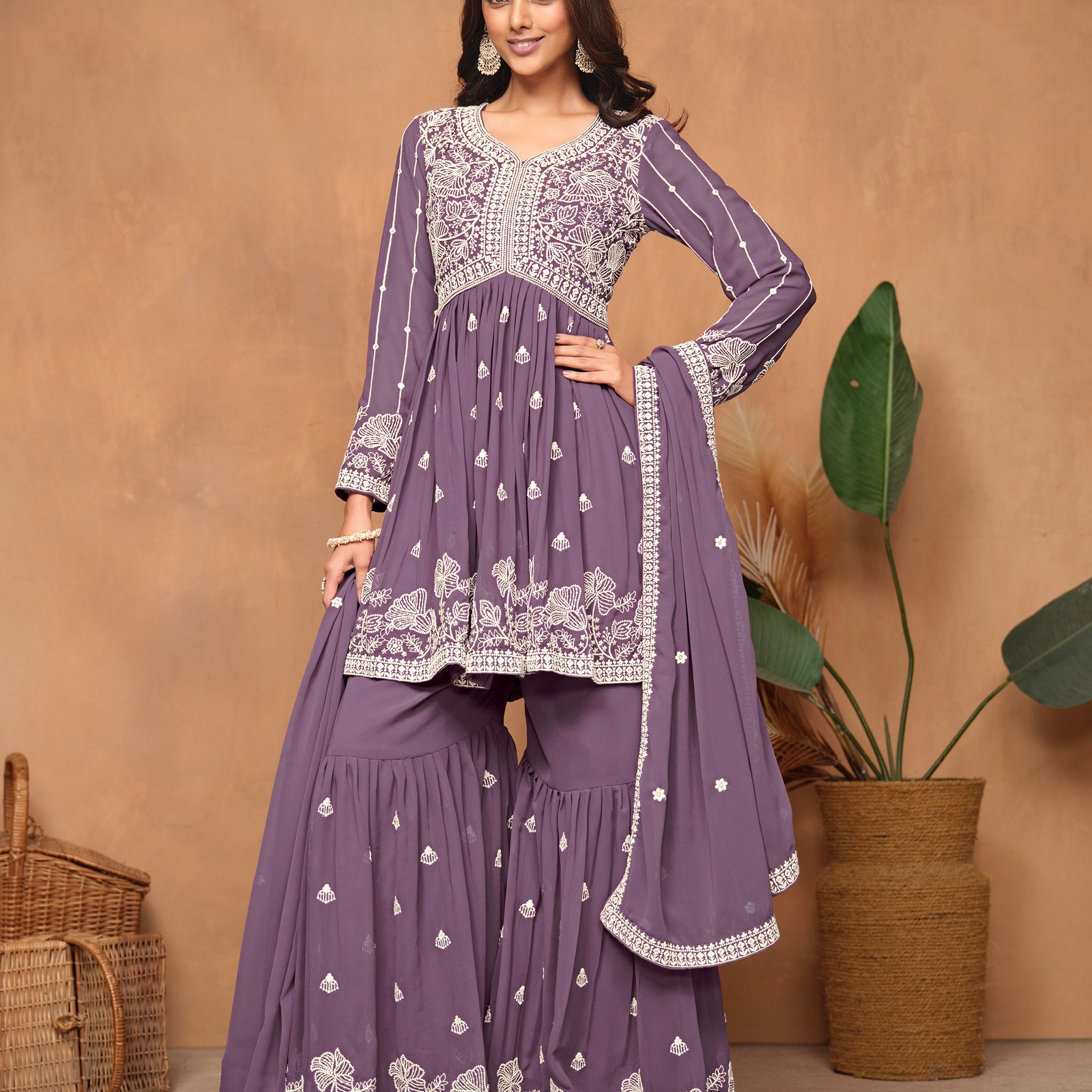 Purple Faux Georgette Embroidered Sharara Suit with Santoon Inner