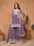 Purple Faux Georgette Embroidered Sharara Suit with Santoon Inner