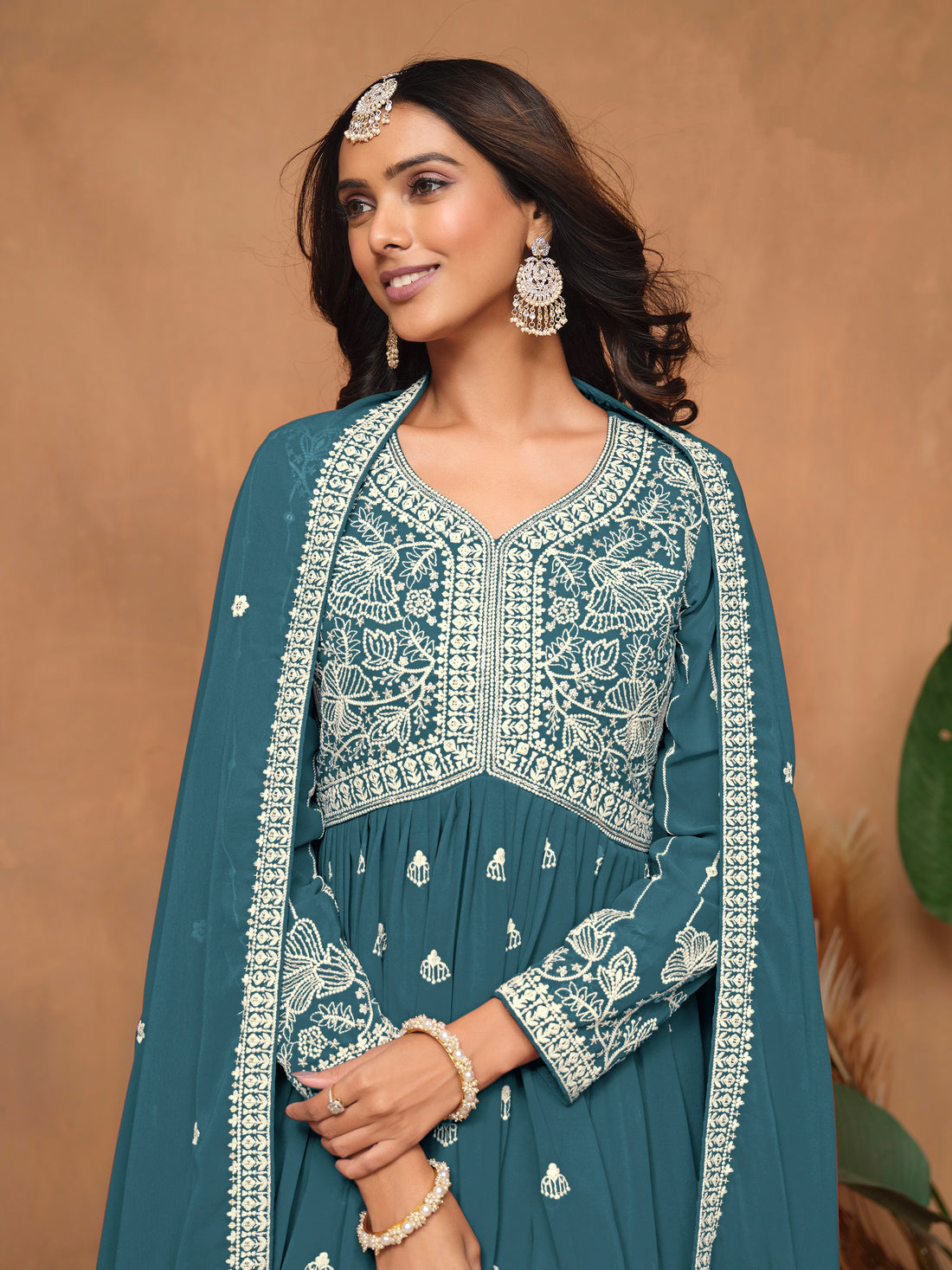 Teal Blue Faux Georgette Embroidered Sharara Suit with Santoon Inner