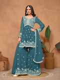 Teal Blue Faux Georgette Embroidered Sharara Suit with Santoon Inner