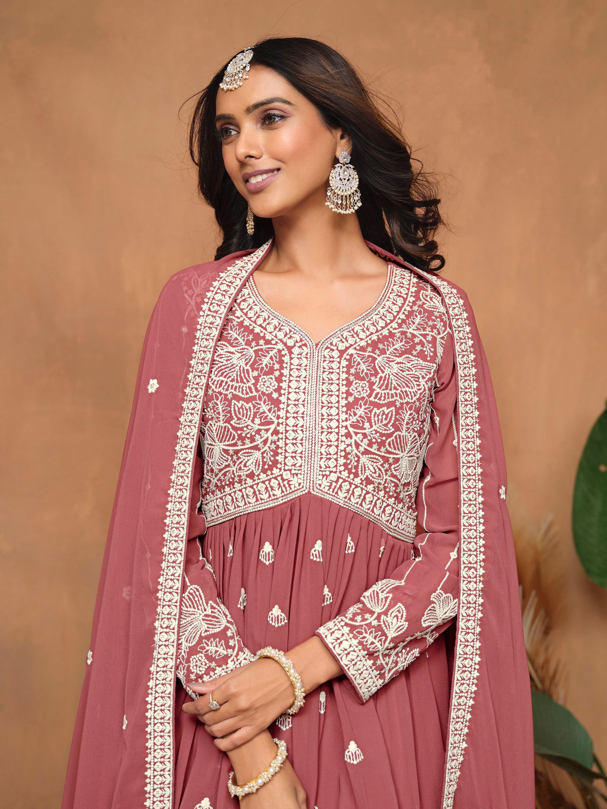 Brown Faux Georgette Embroidered Sharara Suit with Santoon Inner