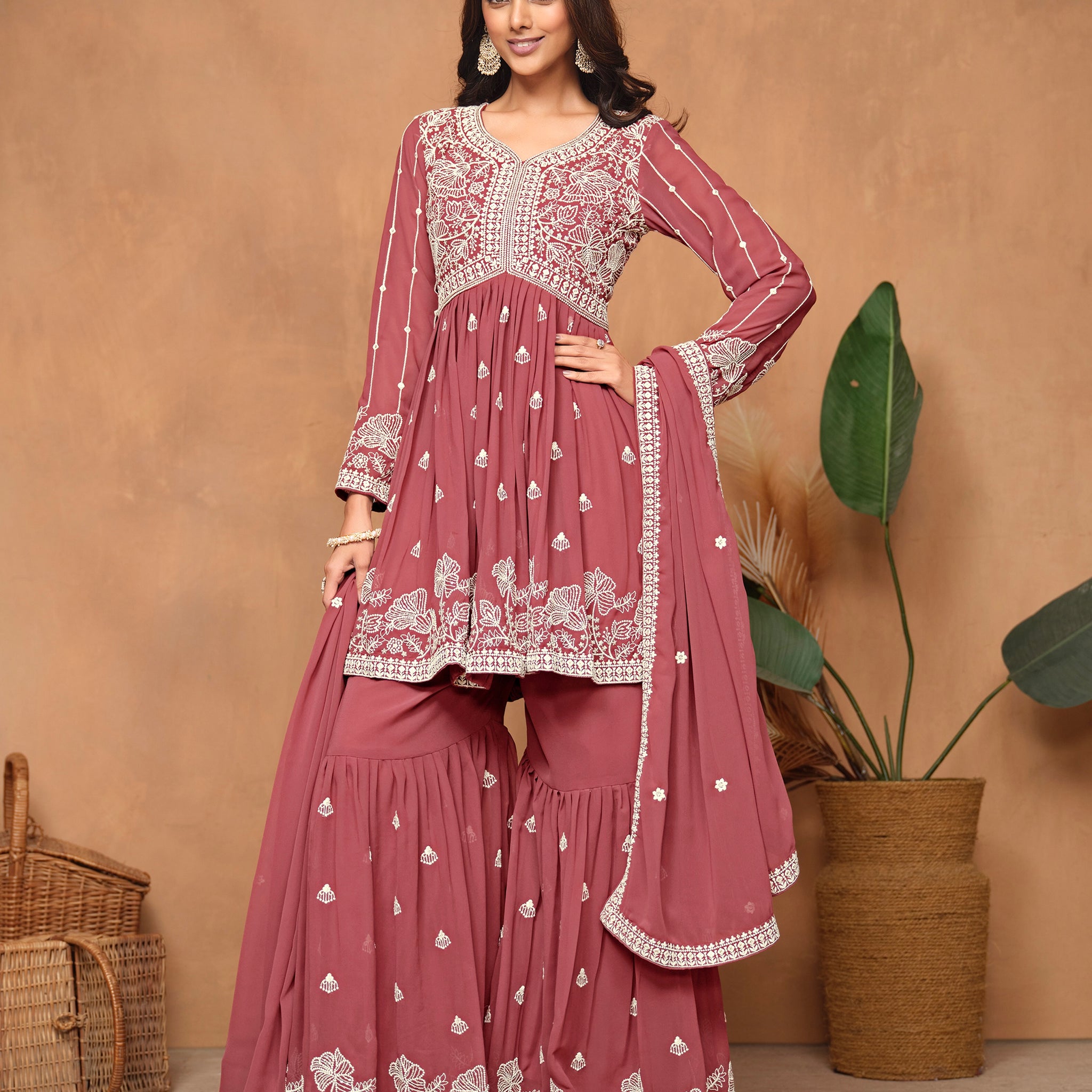 Brown Faux Georgette Embroidered Sharara Suit with Santoon Inner