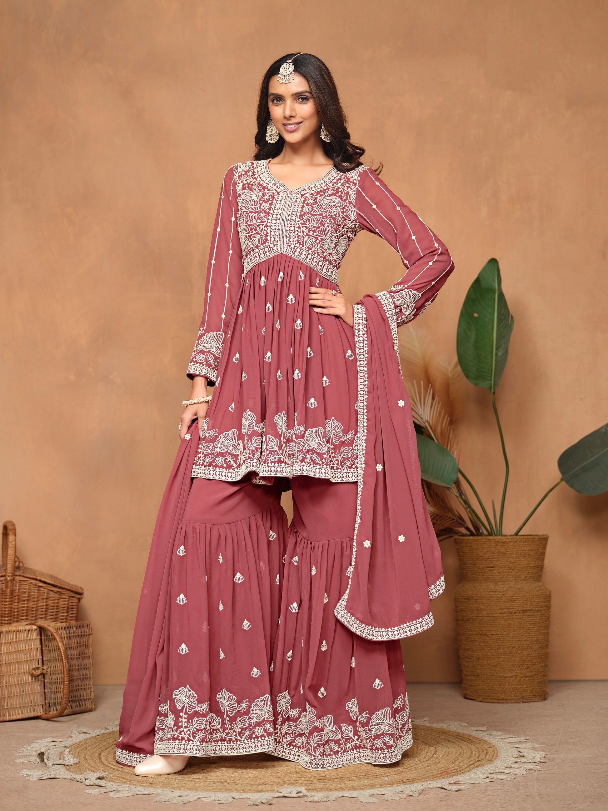 Brown Faux Georgette Embroidered Sharara Suit with Santoon Inner