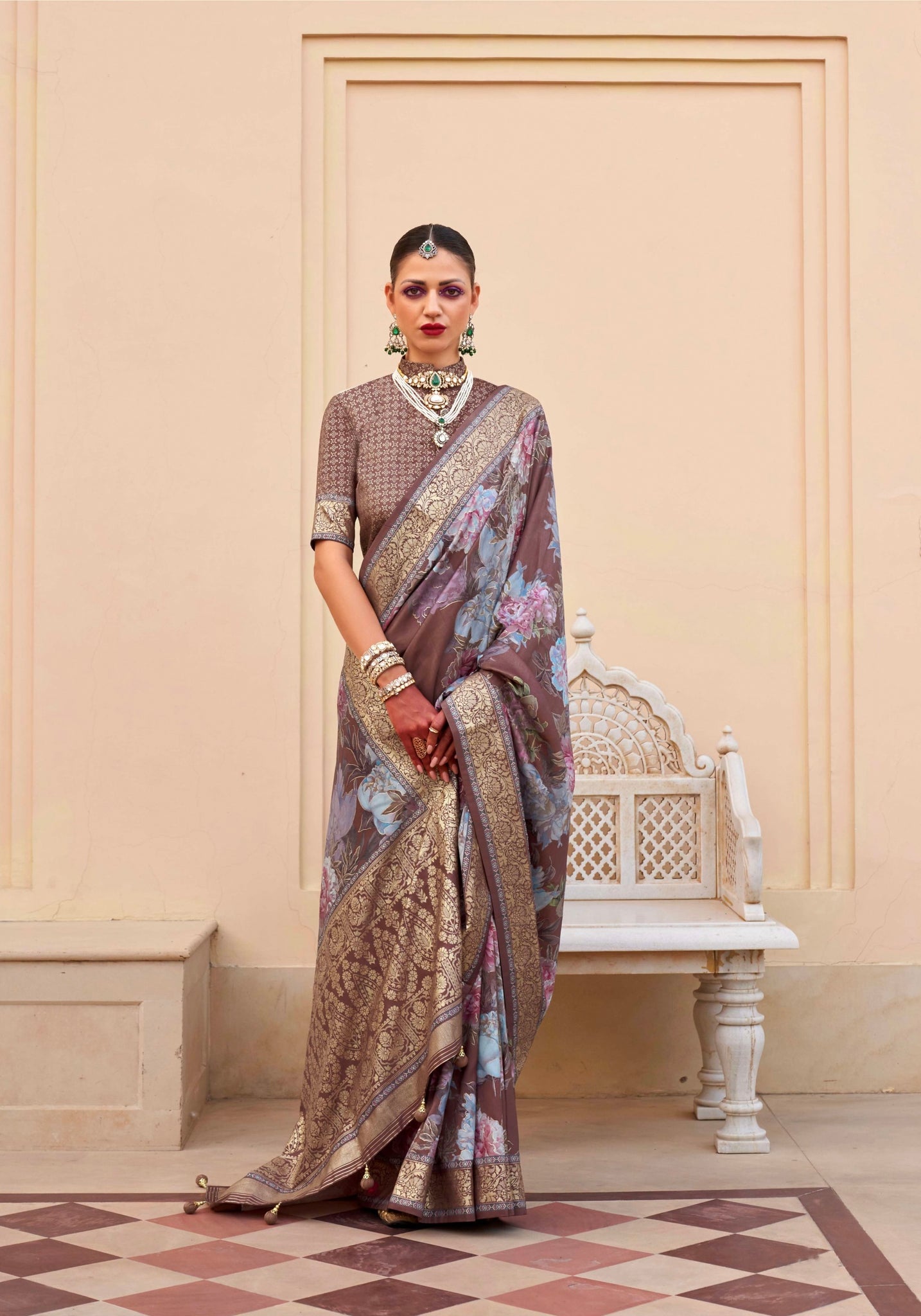 Mauve Super Pv Silk Saree with Floral Print and Matching Blouse