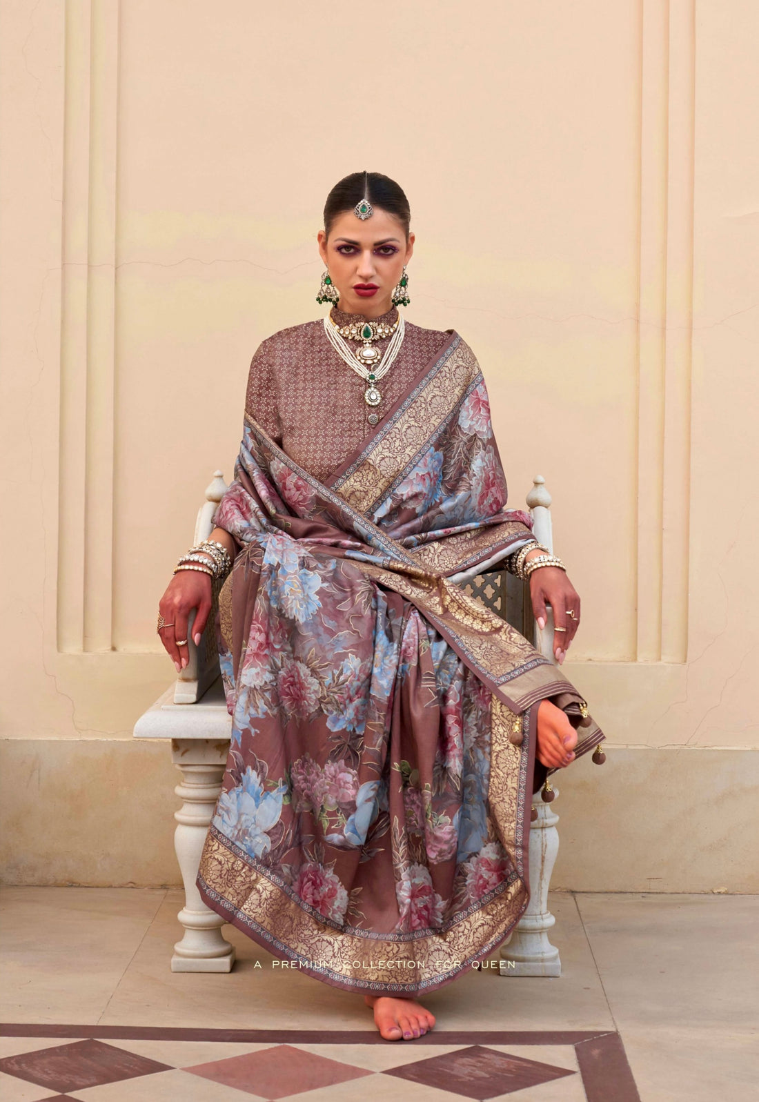 Mauve Super Pv Silk Saree with Floral Print and Matching Blouse