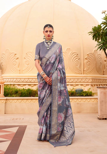 Grey Super Pv Silk Saree with Floral Print and Matching Blouse