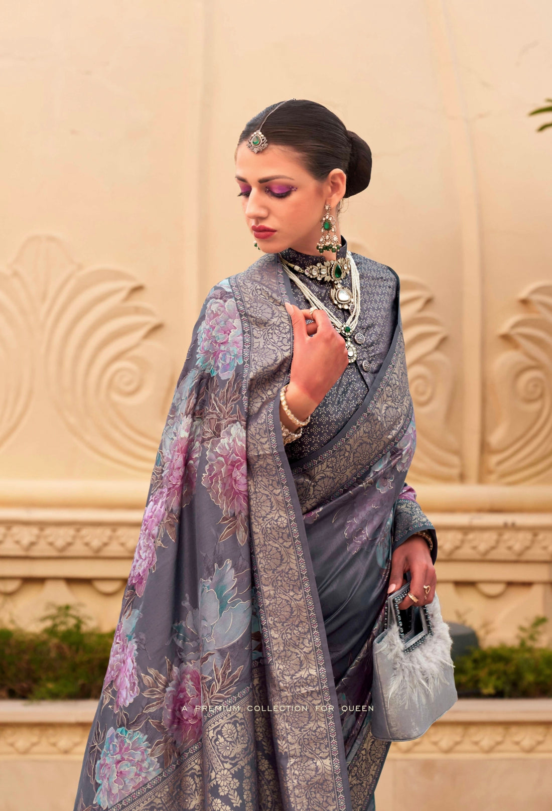 Grey Super Pv Silk Saree with Floral Print and Matching Blouse