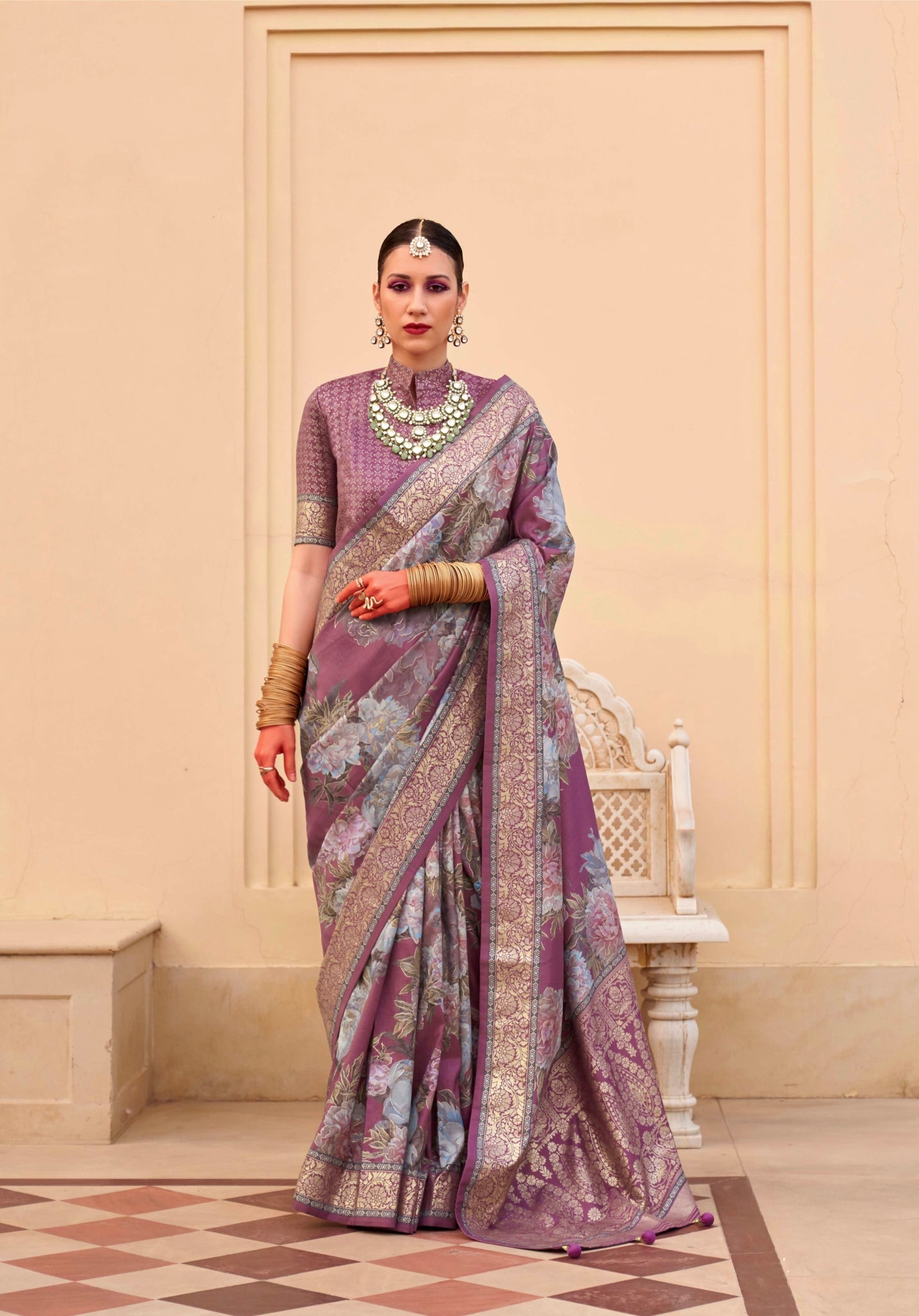 Purple Super Pv Silk Saree with Floral Print and Matching Blouse