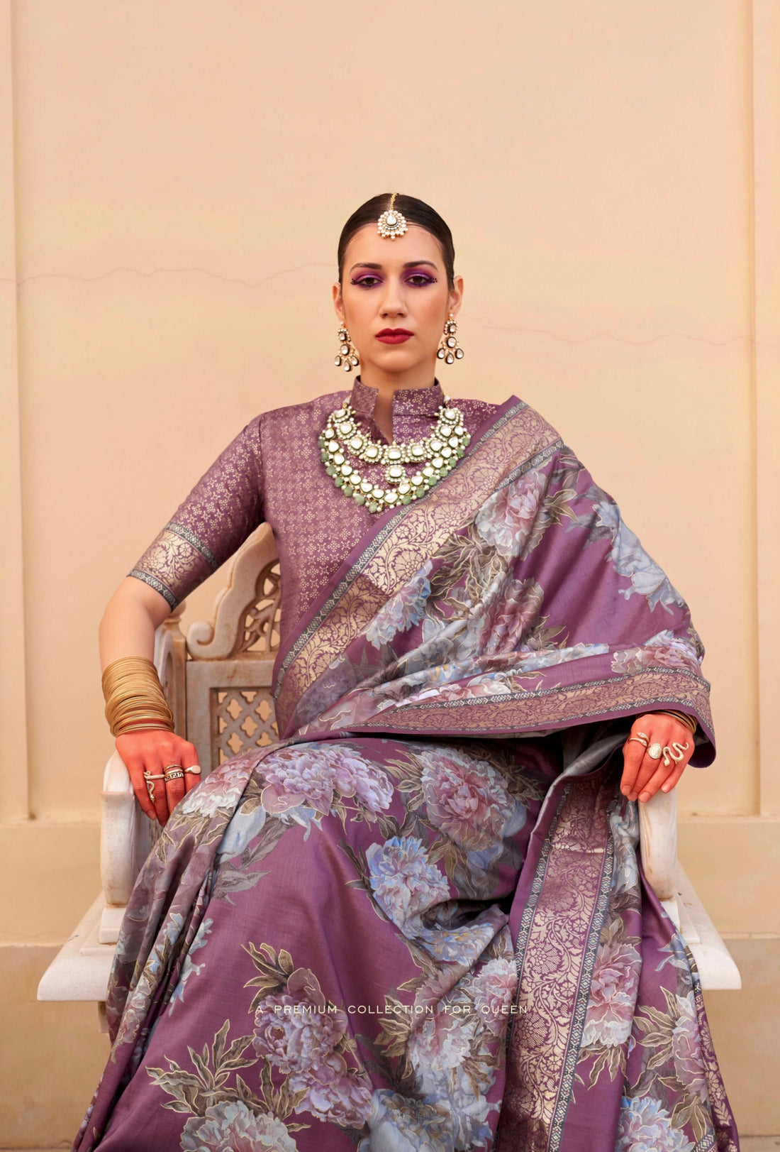 Purple Super Pv Silk Saree with Floral Print and Matching Blouse