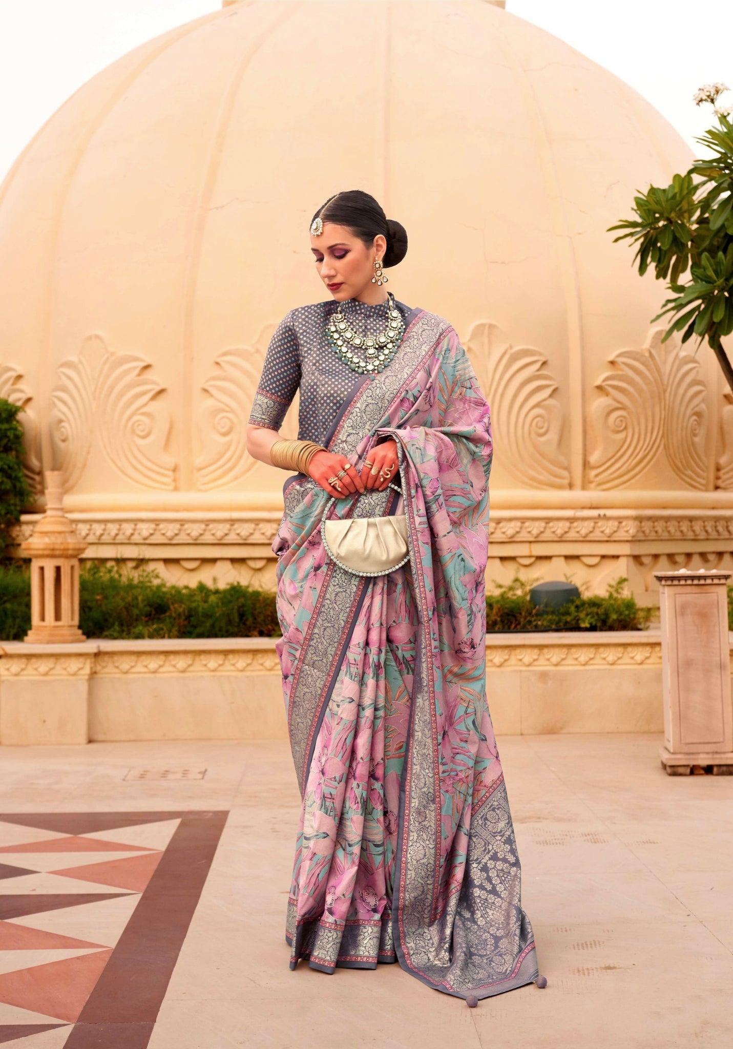 Grey Super Pv Silk Saree with Multicolor Floral Print and Matching Blouse