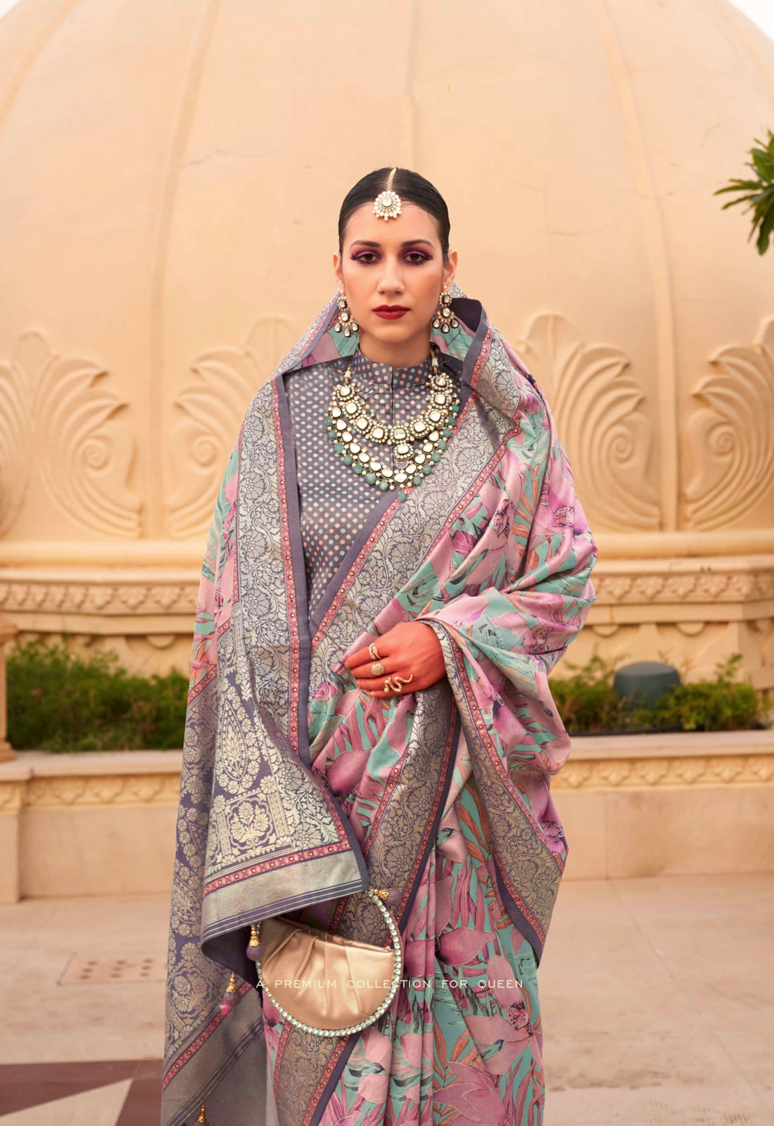 Grey Super Pv Silk Saree with Multicolor Floral Print and Matching Blouse