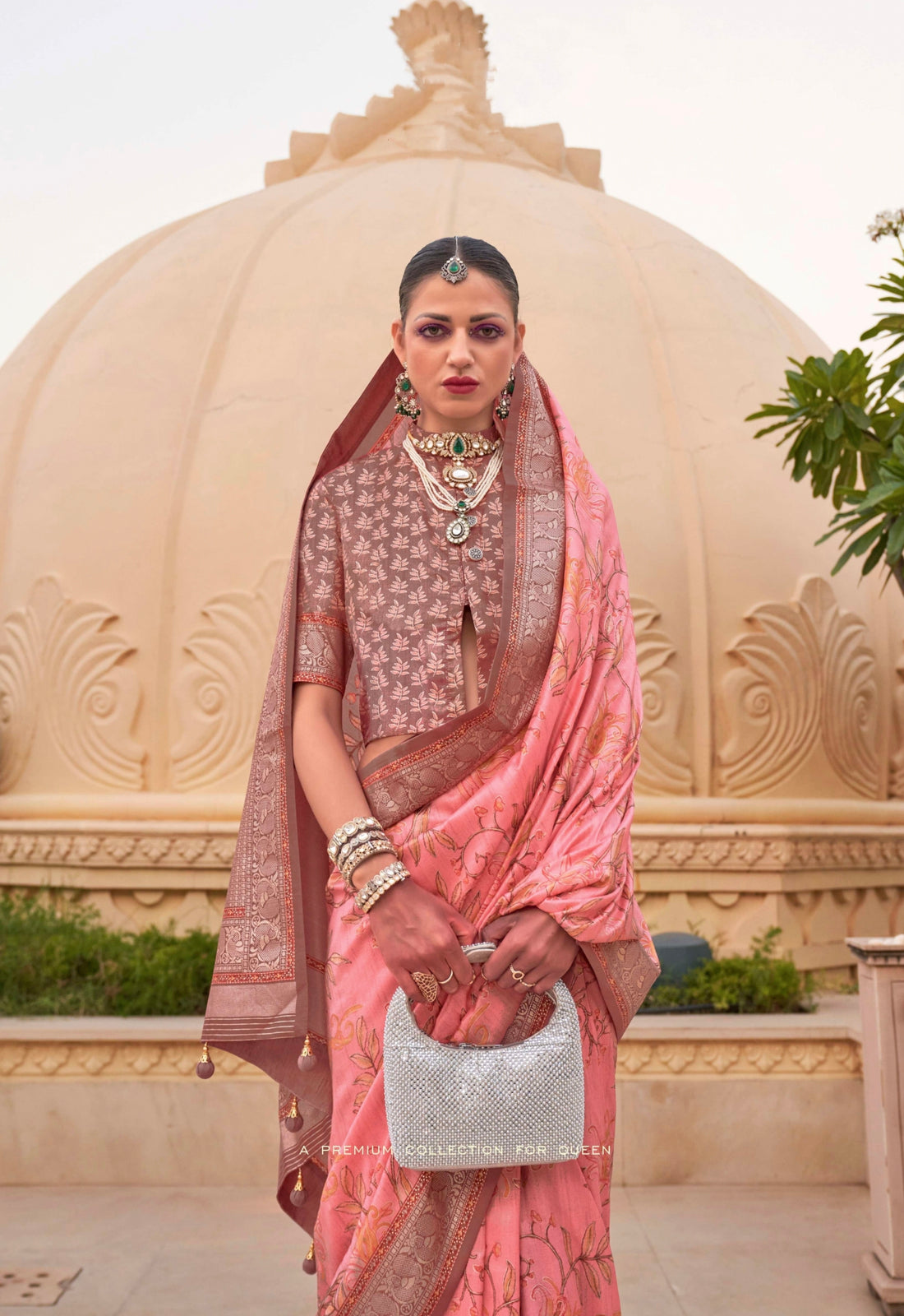 Pink Super Pv Silk Saree with Floral Print and Matching Blouse