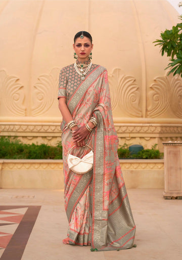 Grey and Peach Super Pv Silk Saree with Floral Print and Matching Blouse