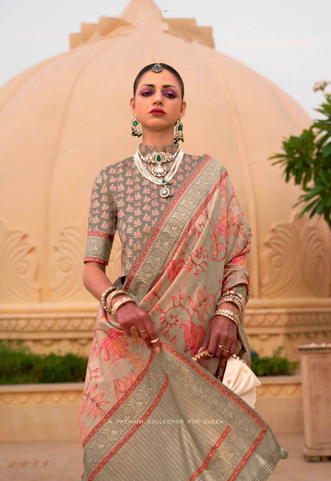 Grey and Peach Super Pv Silk Saree with Floral Print and Matching Blouse