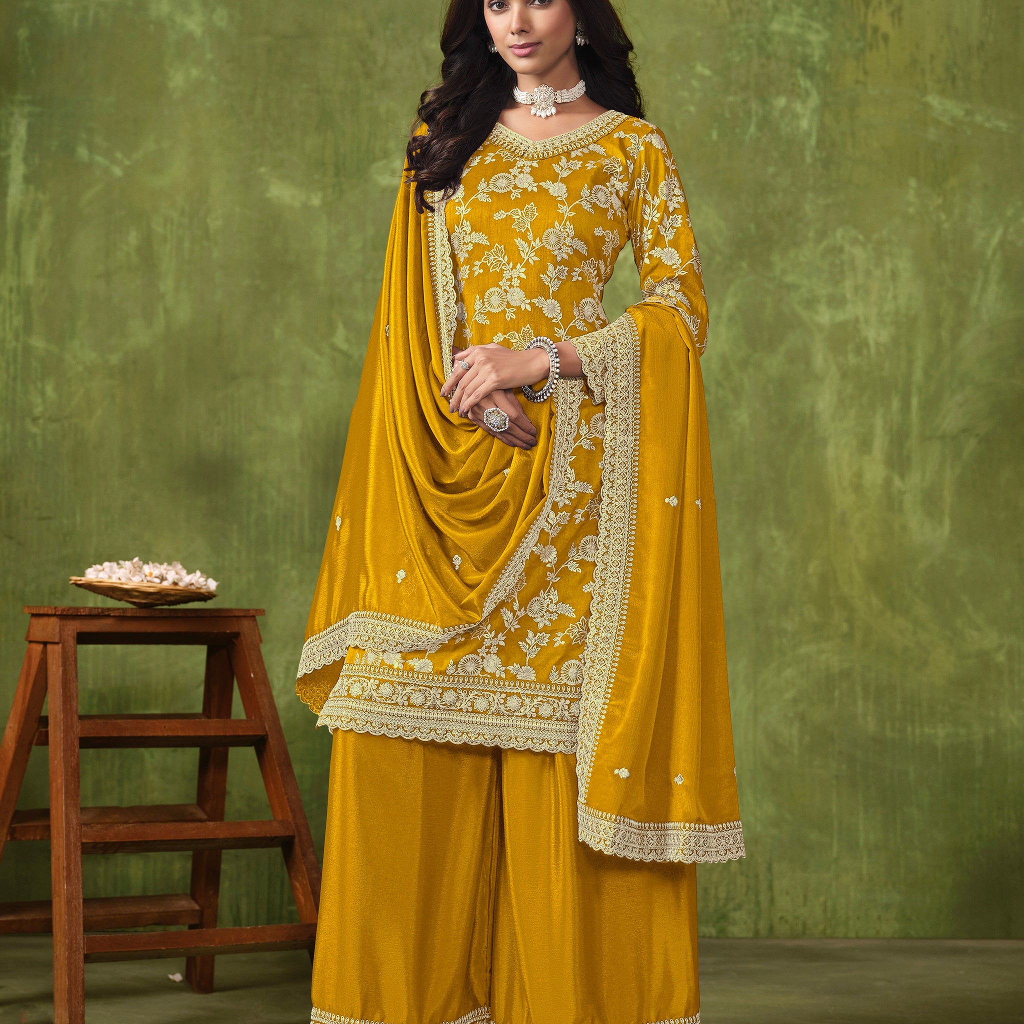 Yellow Sharara Suit with Dola Silk Jacquard and Chinon Dupatta