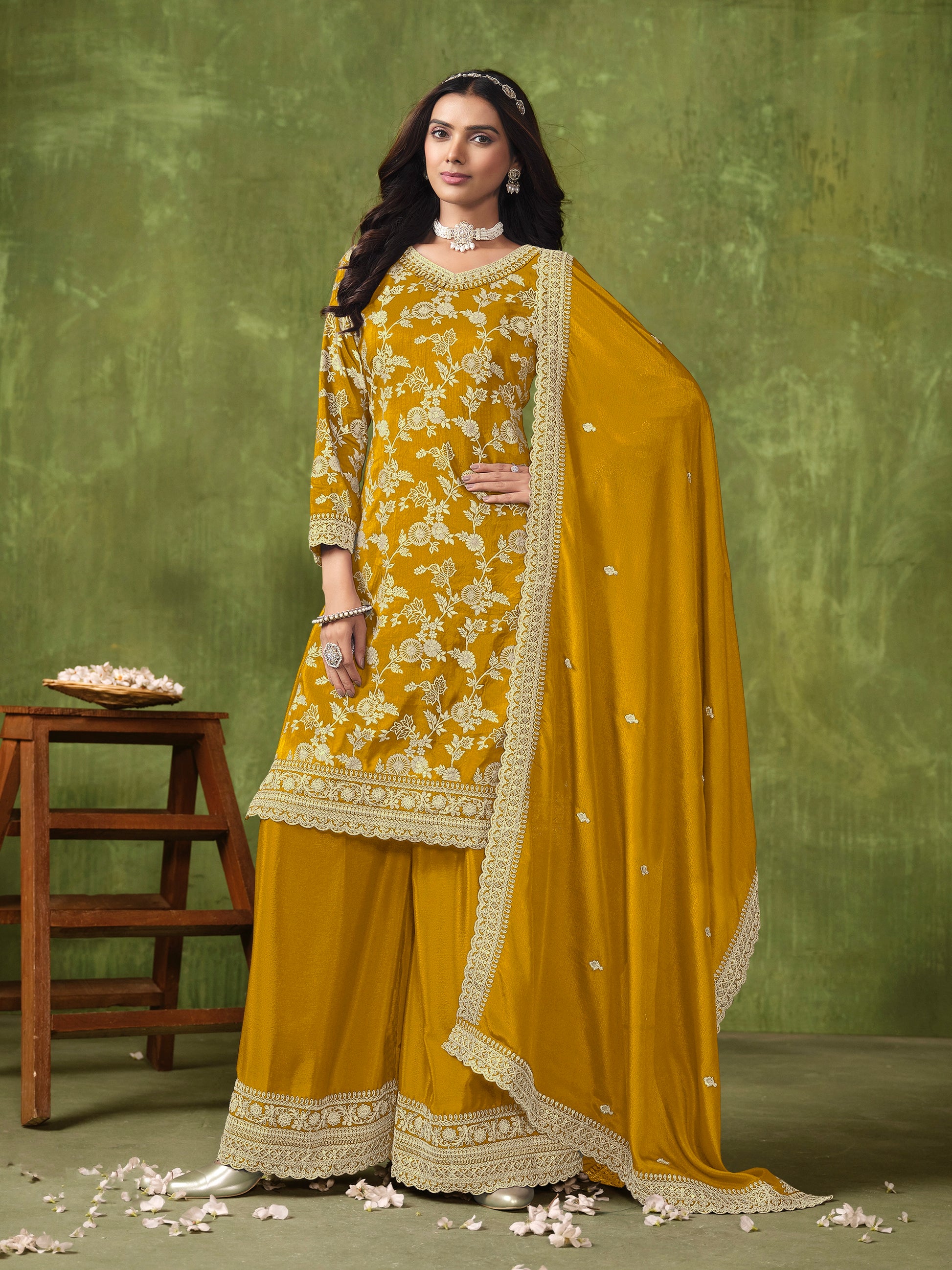 Yellow Sharara Suit with Dola Silk Jacquard and Chinon Dupatta