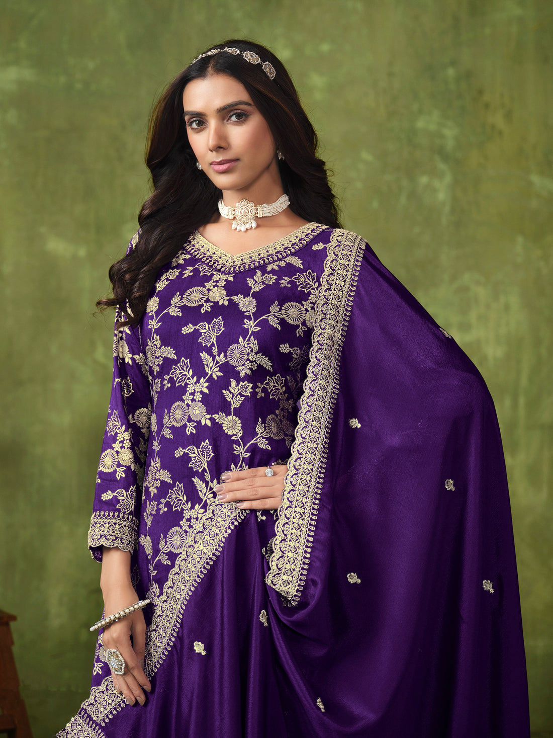 Royal Purple Sharara Suit with Dola Silk Jacquard and Chinon Dupatta