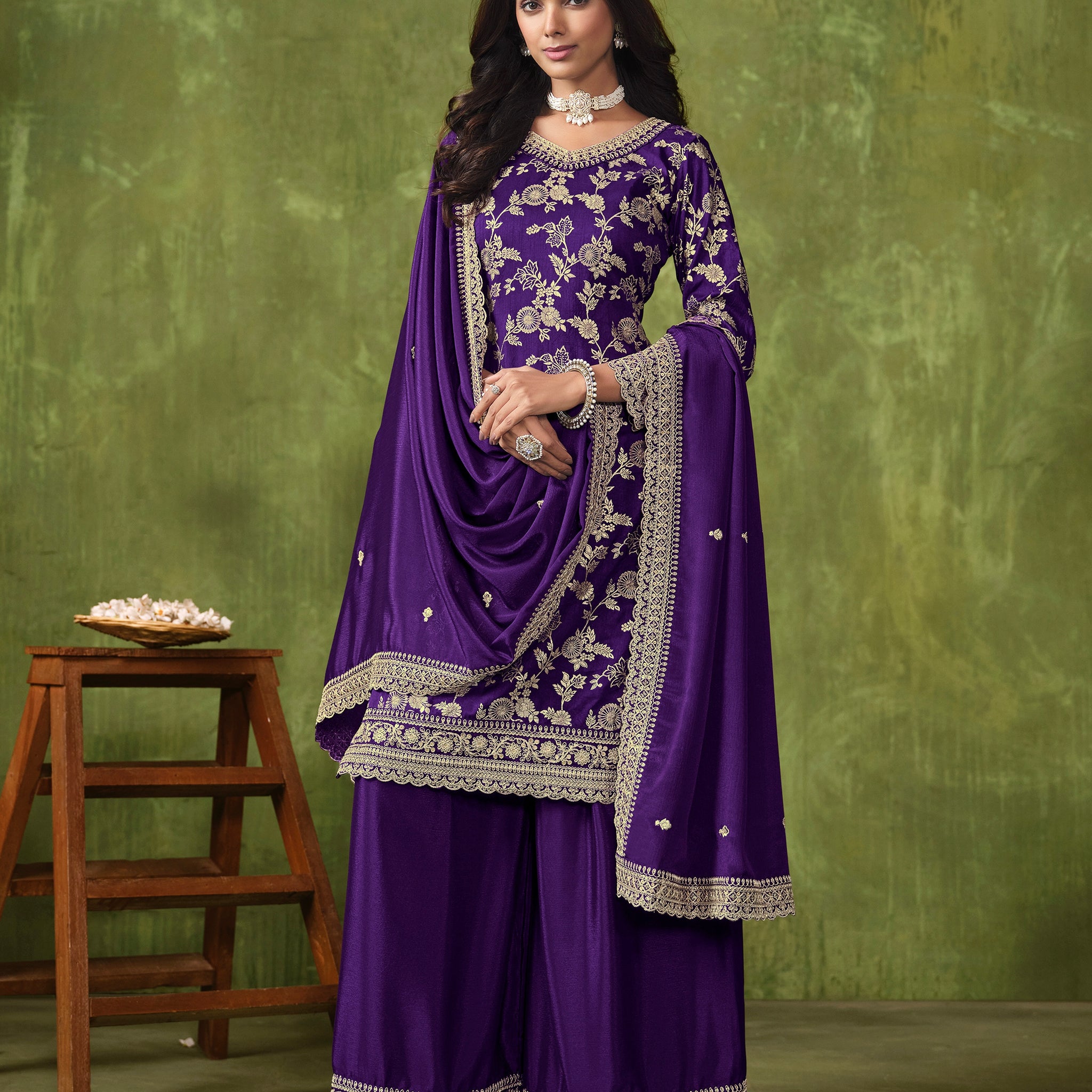 Royal Purple Sharara Suit with Dola Silk Jacquard and Chinon Dupatta