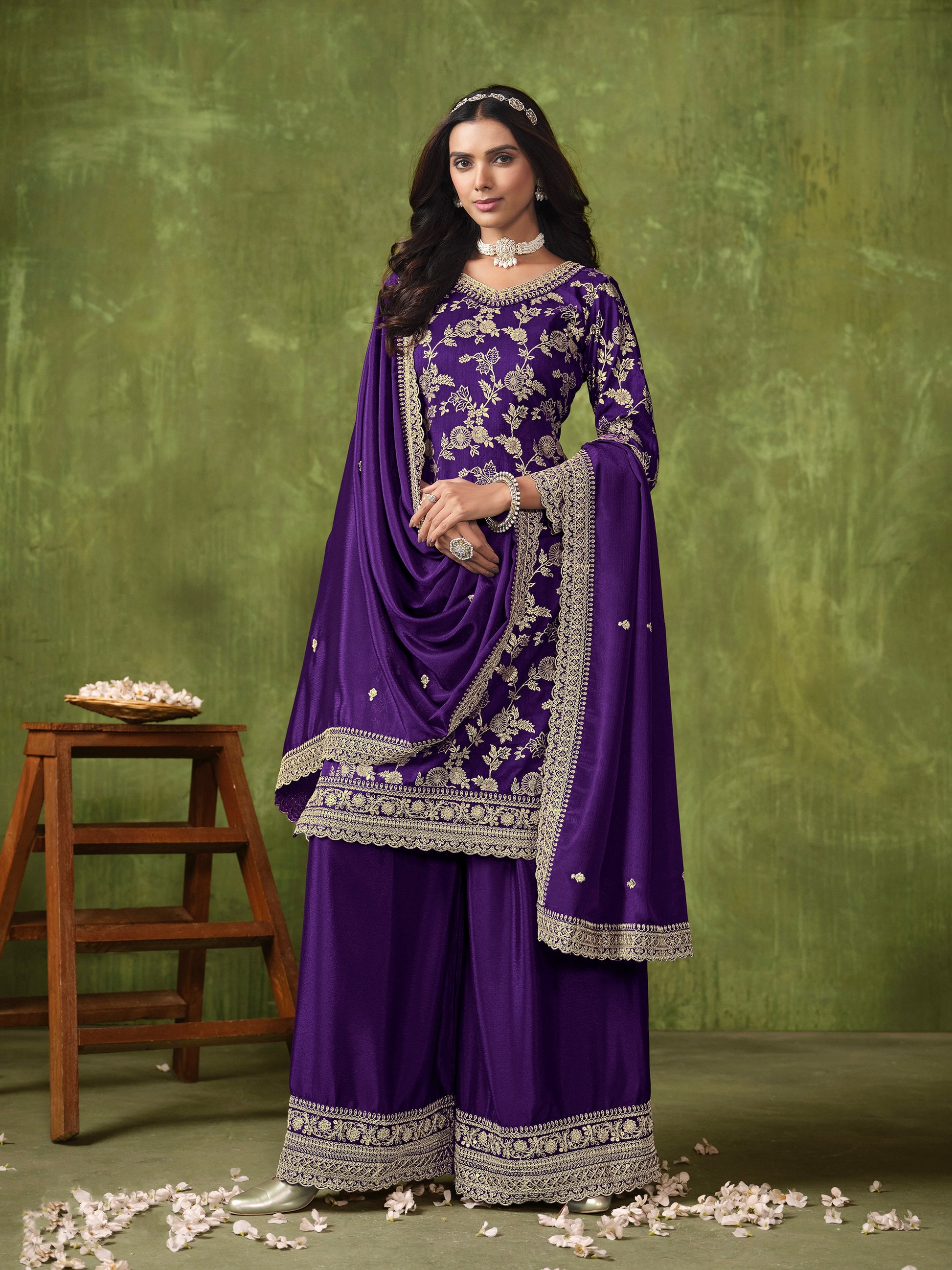 Royal Purple Sharara Suit with Dola Silk Jacquard and Chinon Dupatta