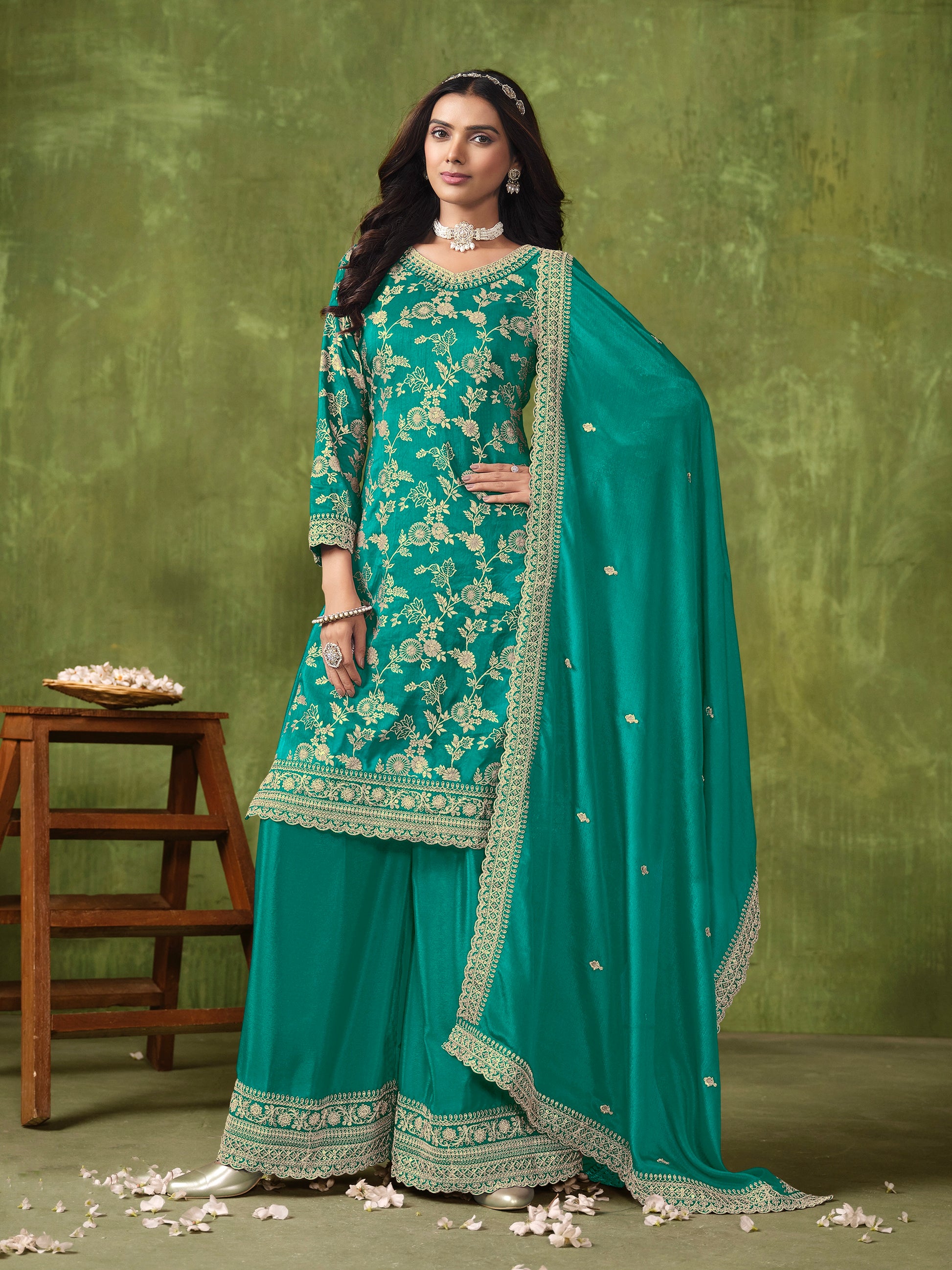 Green Sharara Suit with Dola Silk Jacquard and Chinon Dupatta