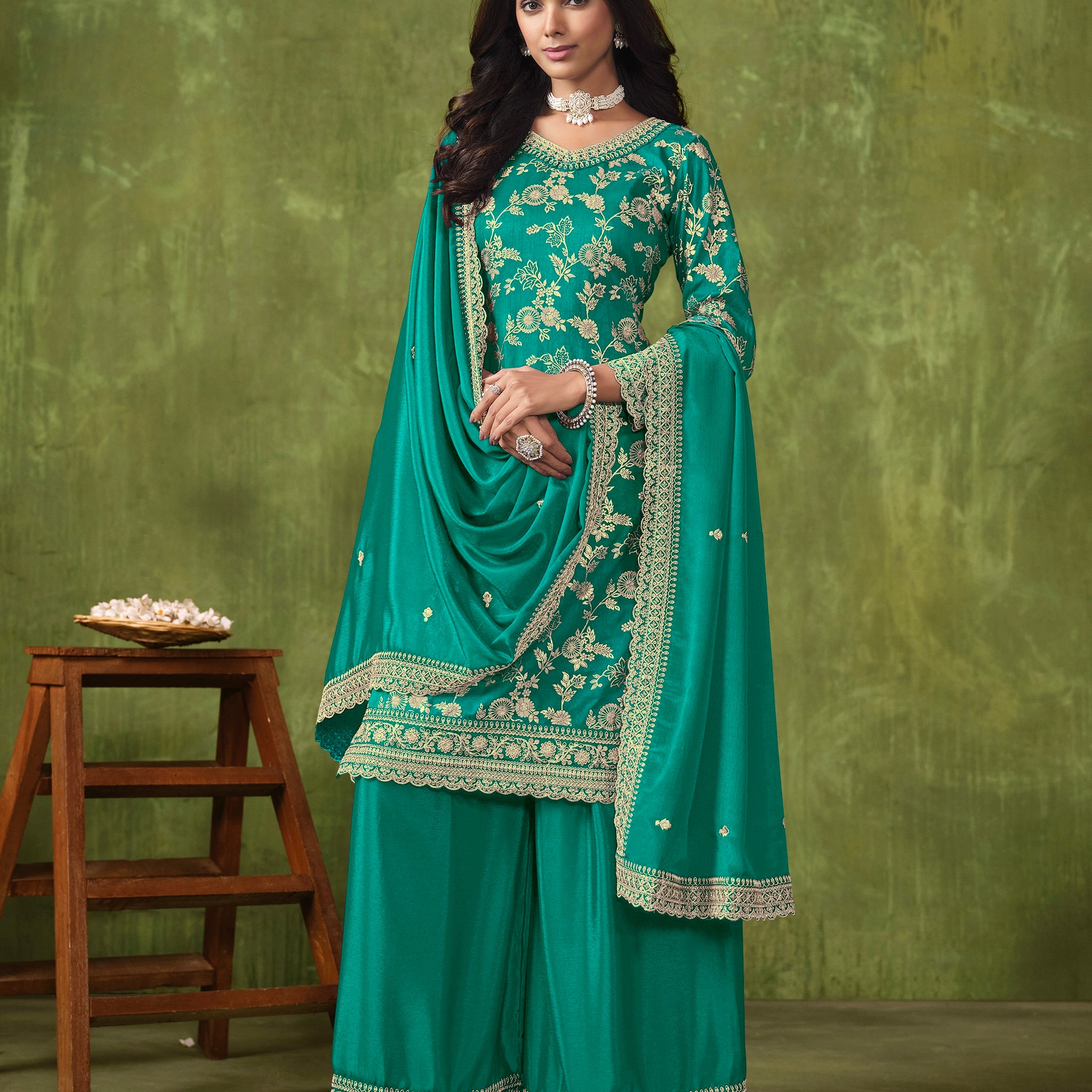 Green Sharara Suit with Dola Silk Jacquard and Chinon Dupatta