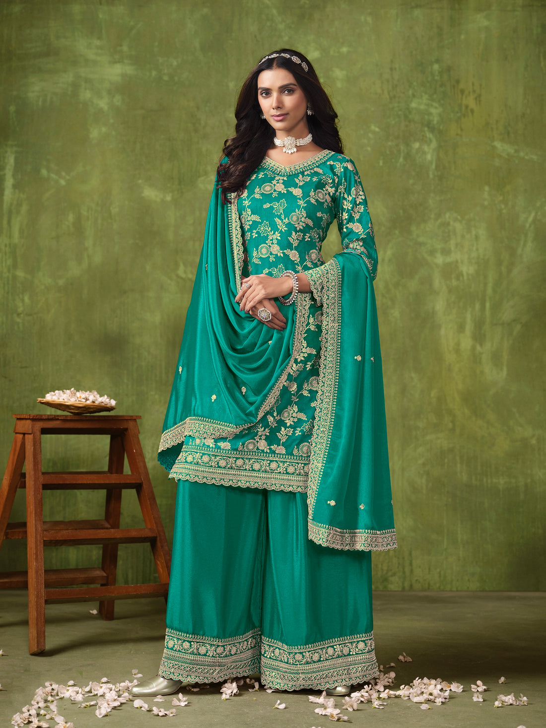 Green Sharara Suit with Dola Silk Jacquard and Chinon Dupatta