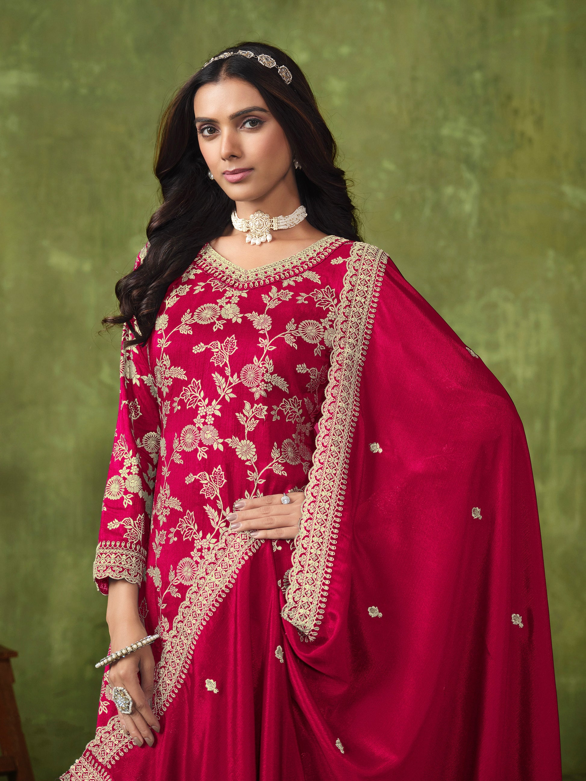 Red Sharara Suit with Dola Silk Jacquard and Chinon Dupatta