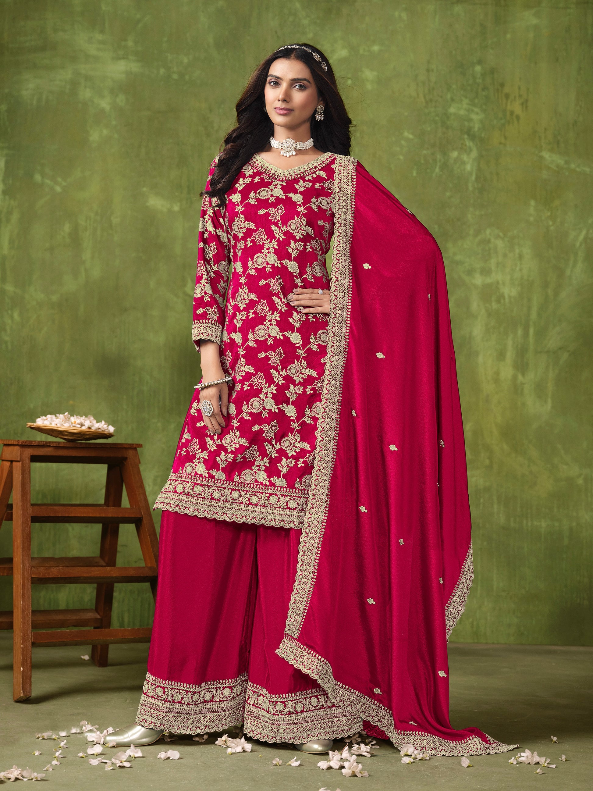 Red Sharara Suit with Dola Silk Jacquard and Chinon Dupatta