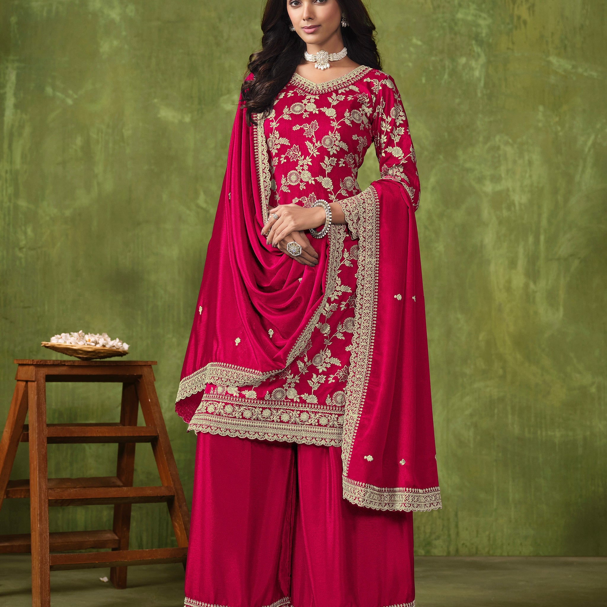 Red Sharara Suit with Dola Silk Jacquard and Chinon Dupatta