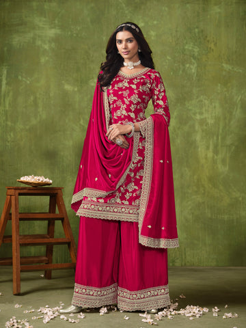 Red Sharara Suit with Dola Silk Jacquard and Chinon Dupatta