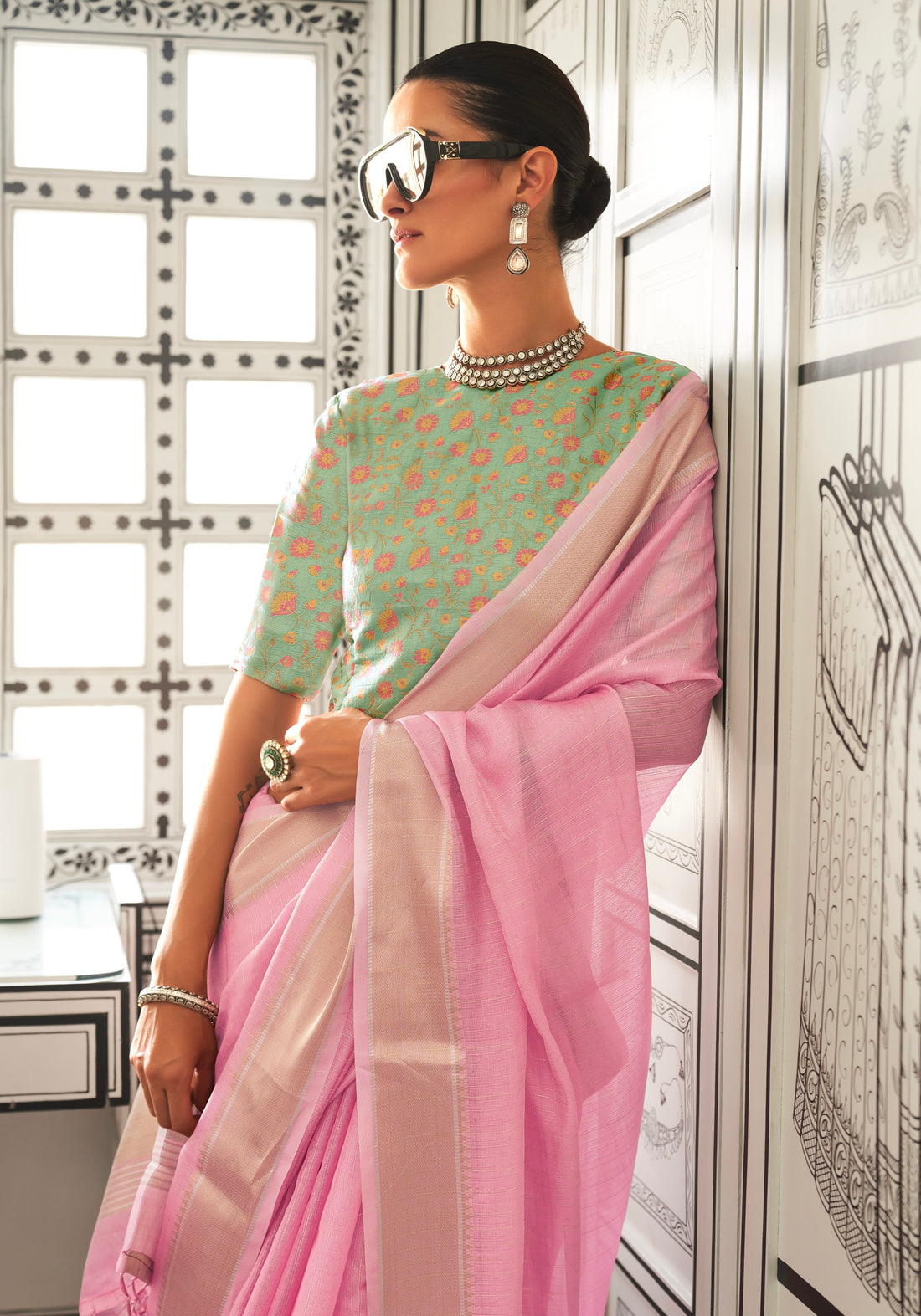 Pink Moss Chiffon Handloom Saree with Zari Lining and Jacquard Blouse