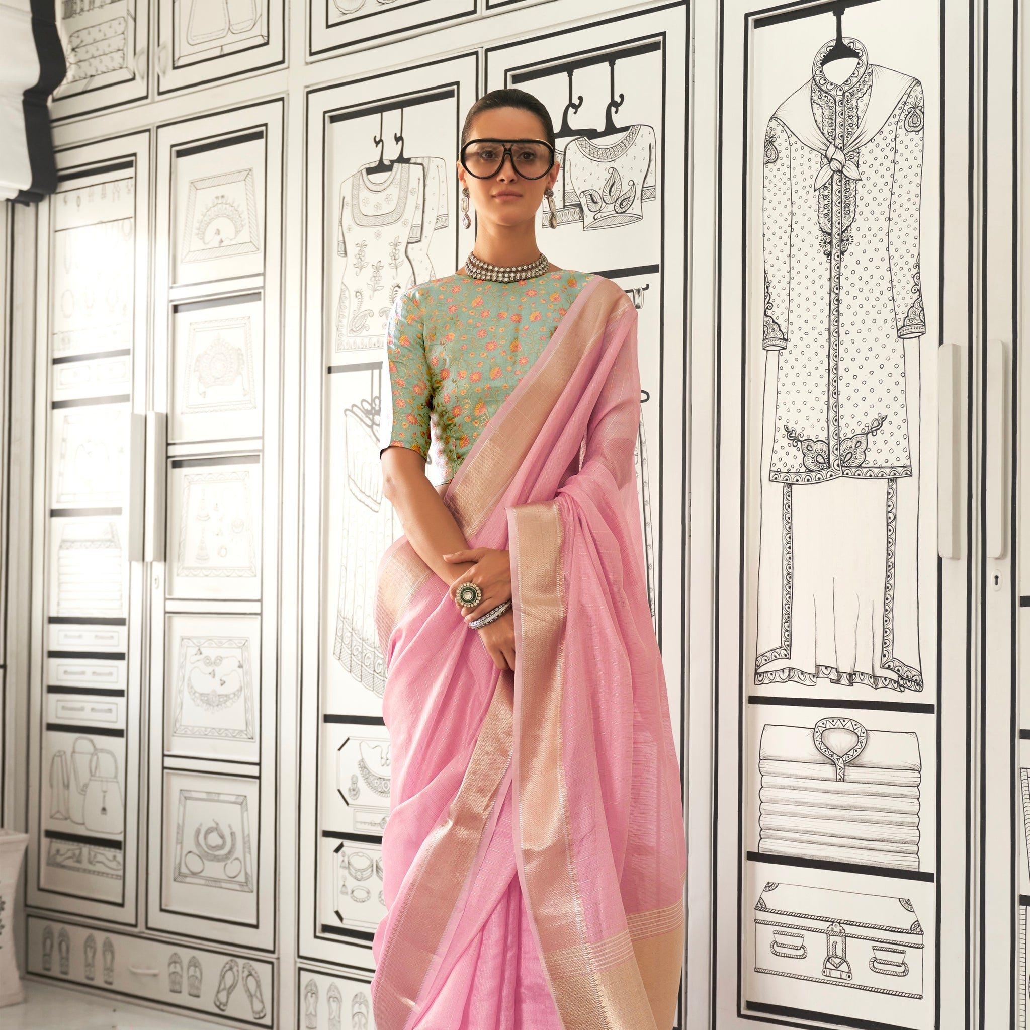 Pink Moss Chiffon Handloom Saree with Zari Lining and Jacquard Blouse