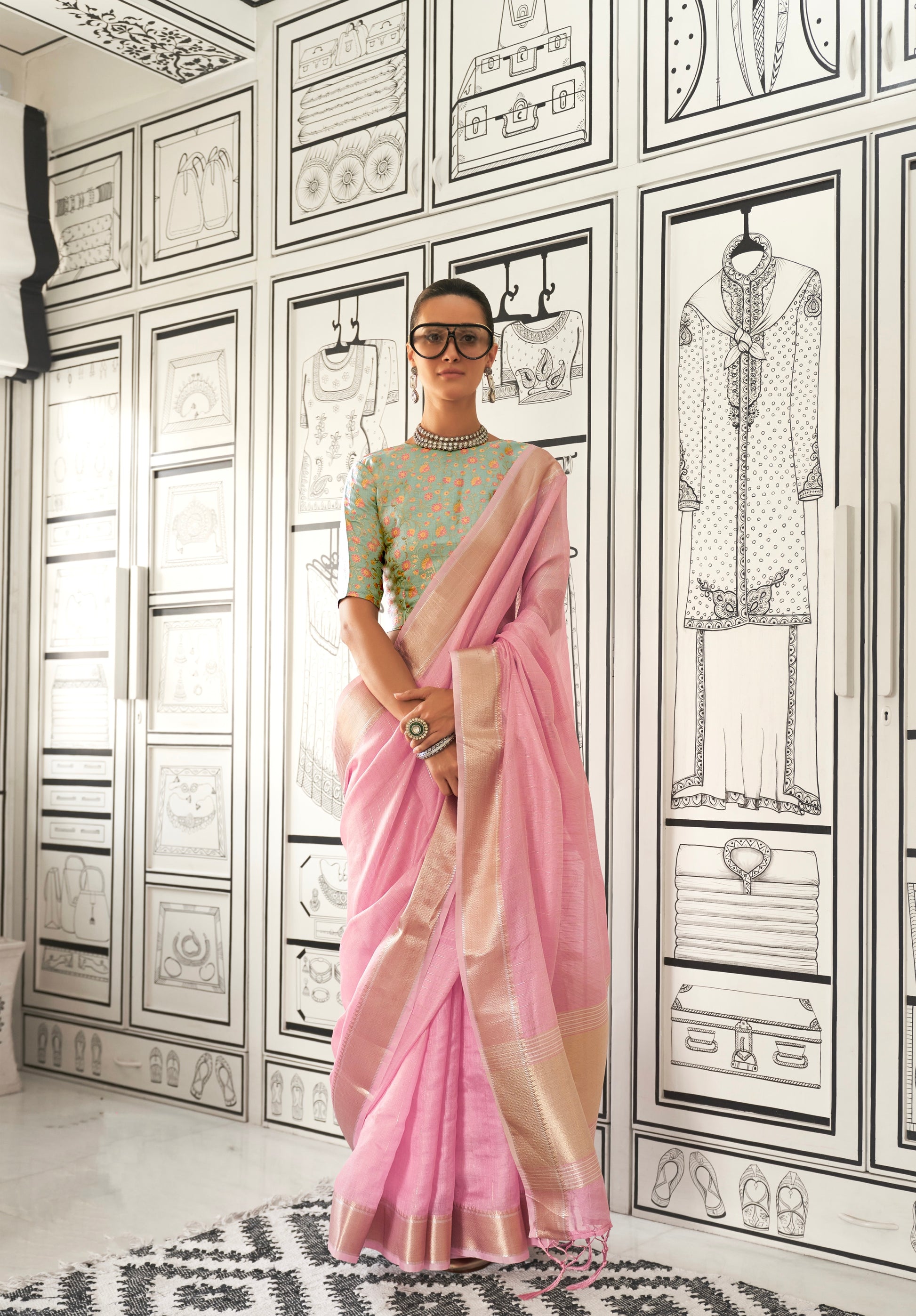 Pink Moss Chiffon Handloom Saree with Zari Lining and Jacquard Blouse