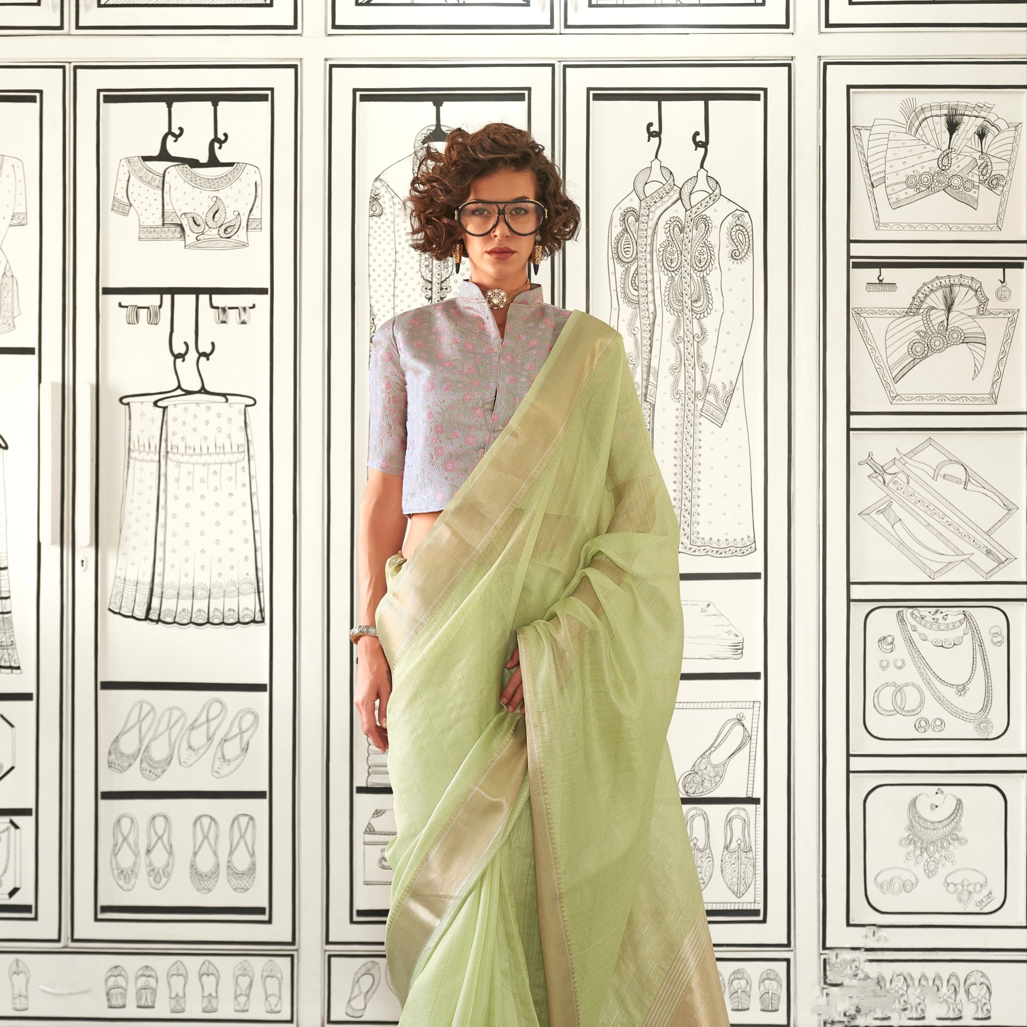 Light Green Chiffon Handloom Saree with Zari Lining & Jacquard Blouse