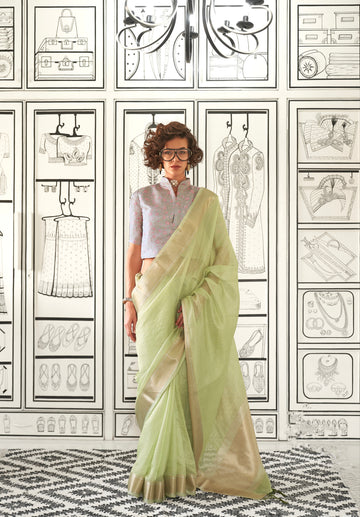 Light Green Chiffon Handloom Saree with Zari Lining & Jacquard Blouse