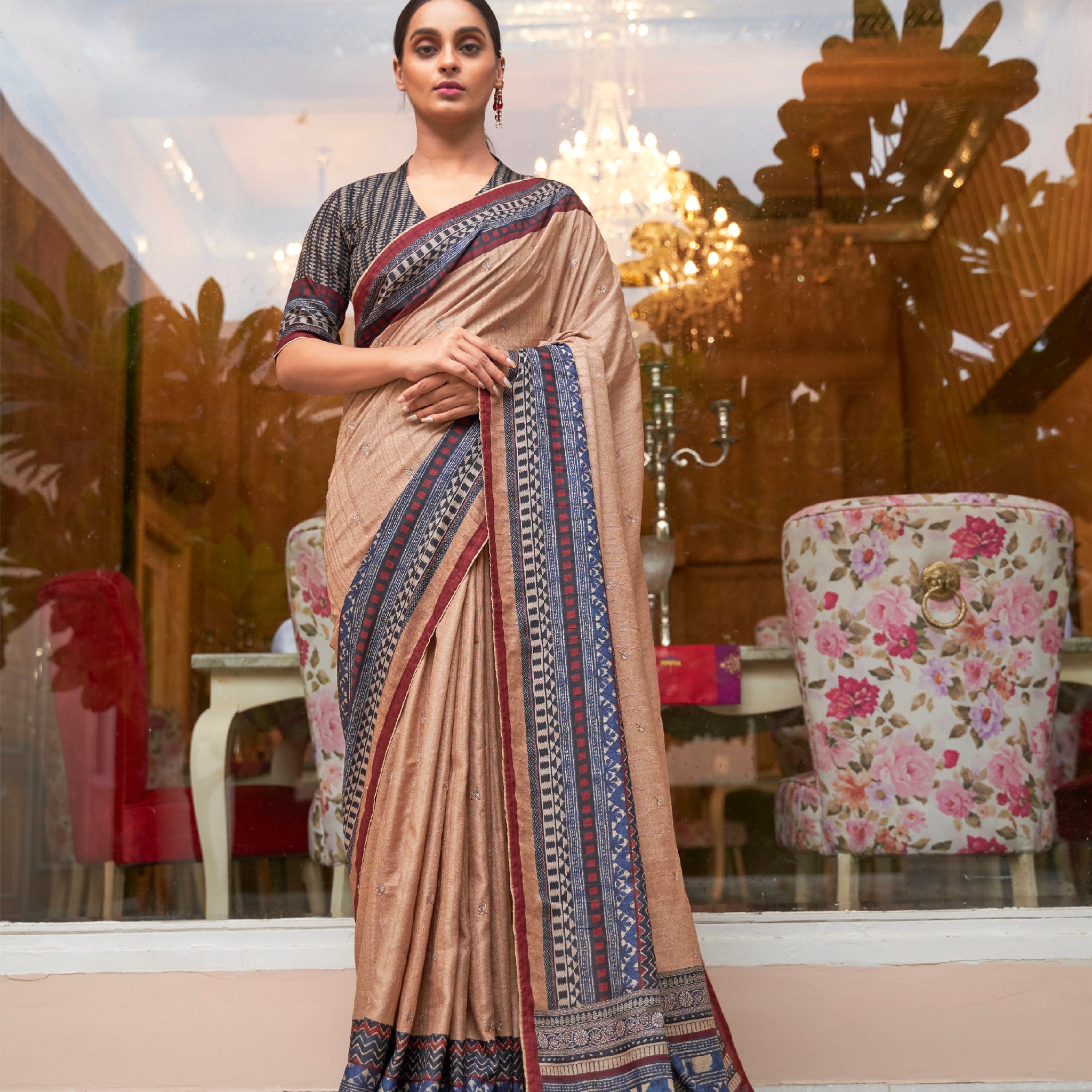 Beige and Red Soft Khadi Silk Saree with Digital Print and Foil Work