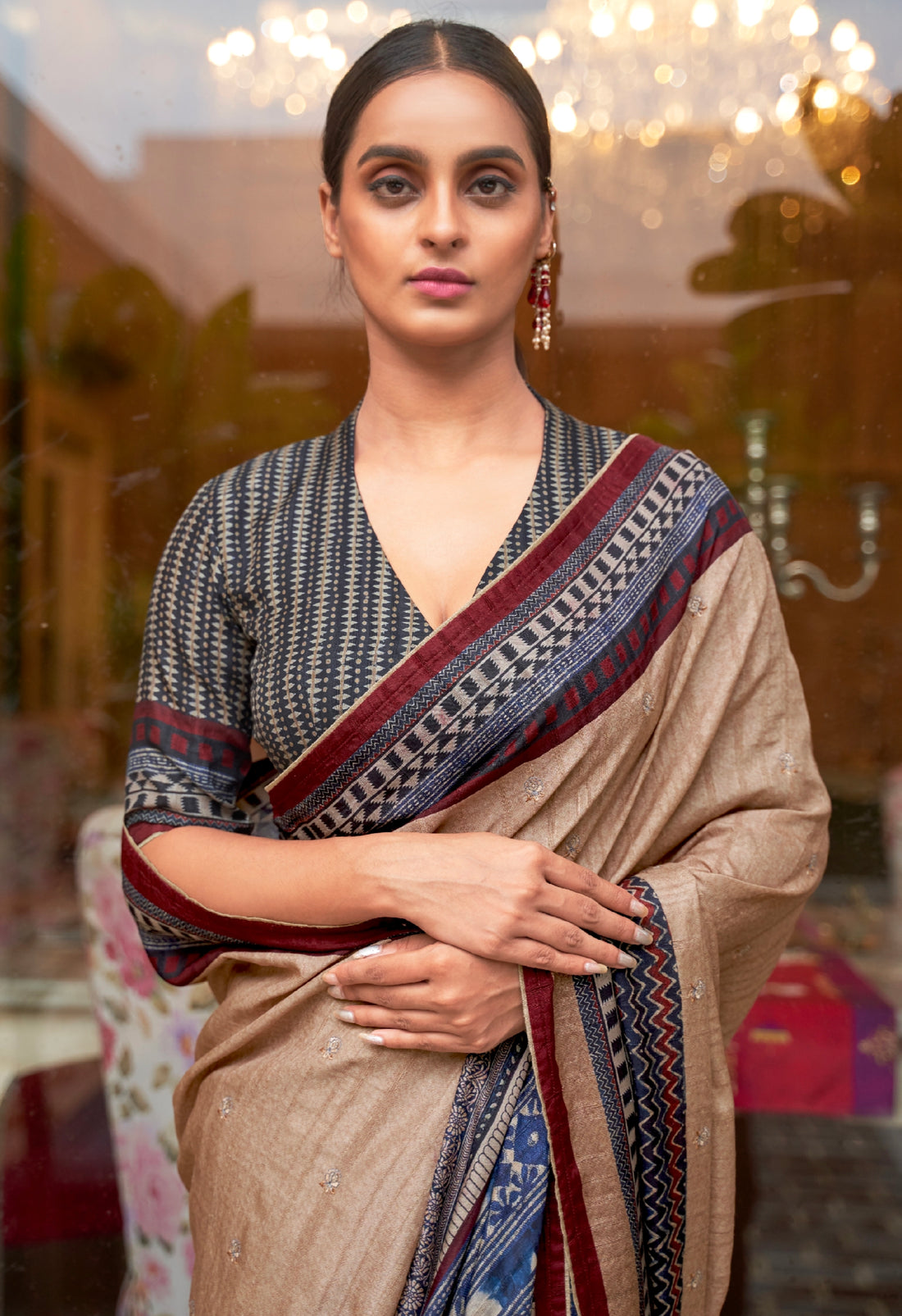 Beige and Red Soft Khadi Silk Saree with Digital Print and Foil Work