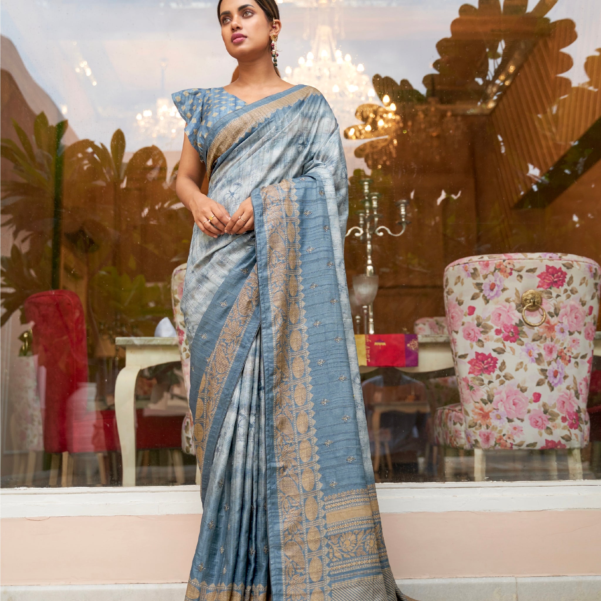 Light Blue Soft Khadi Silk Saree with Digital Print and Foil Work