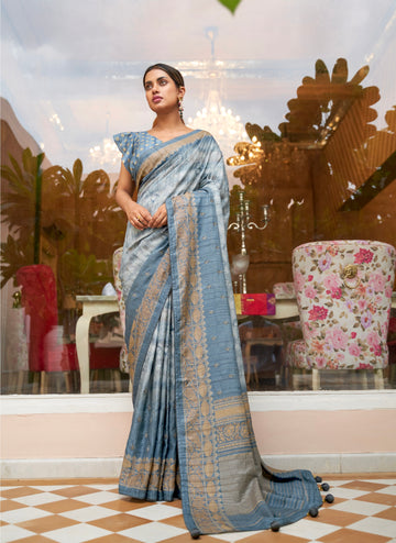 Light Blue Soft Khadi Silk Saree with Digital Print and Foil Work