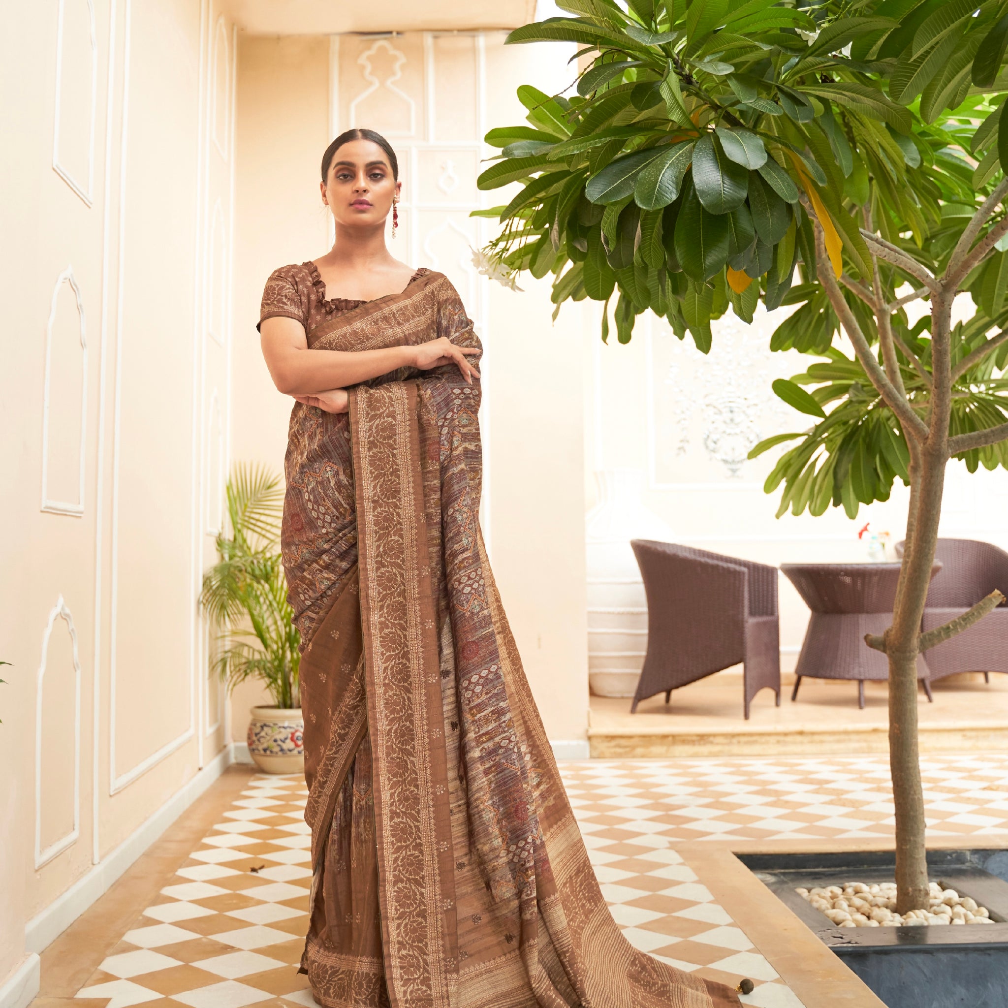 Brown Soft Khadi Silk Saree with Digital Print and Foil Work