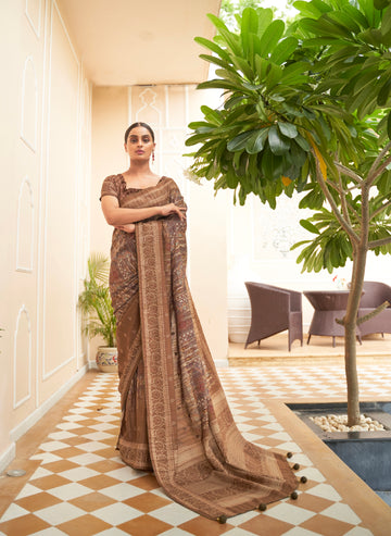 Brown Soft Khadi Silk Saree with Digital Print and Foil Work