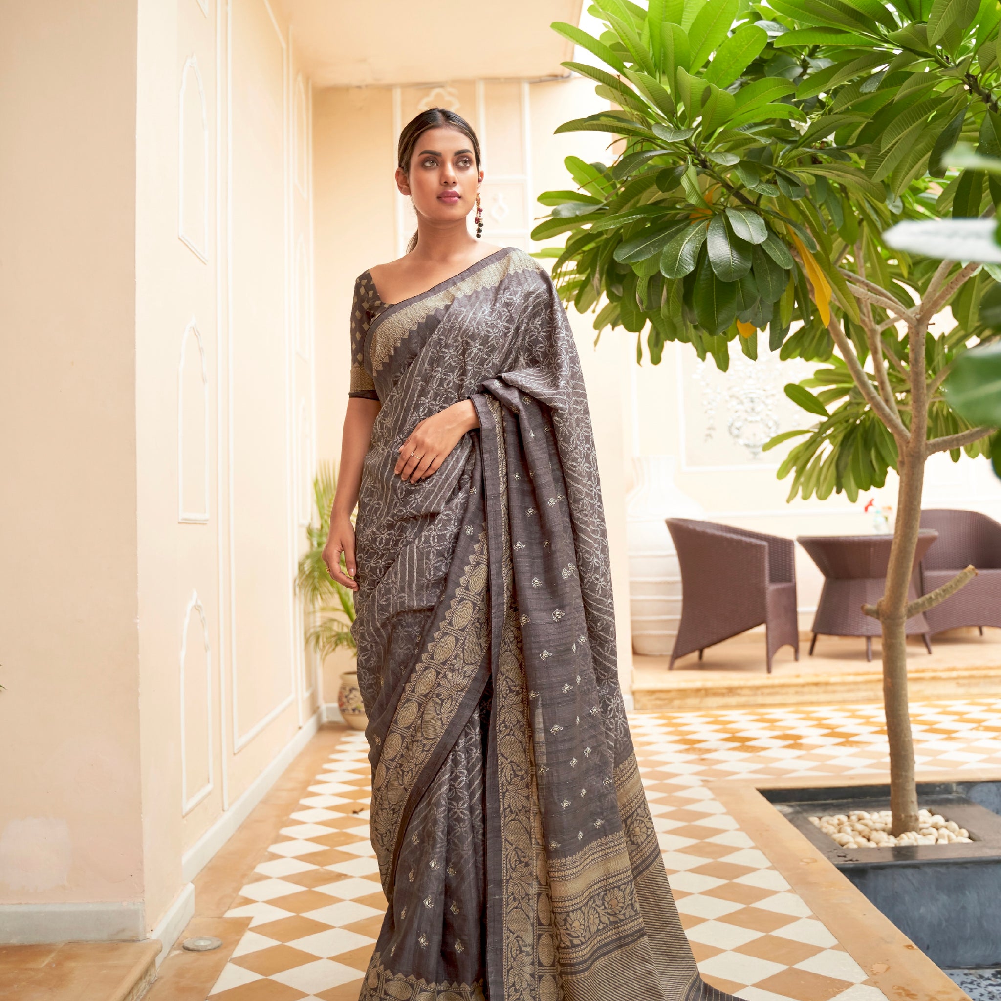 Grey Soft Khadi Silk Saree with Digital Print and Foil Work