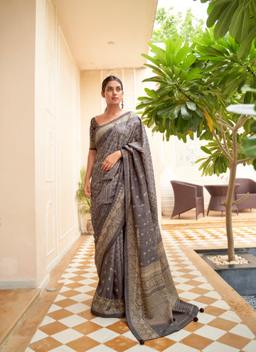 Grey Soft Khadi Silk Saree with Digital Print and Foil Work