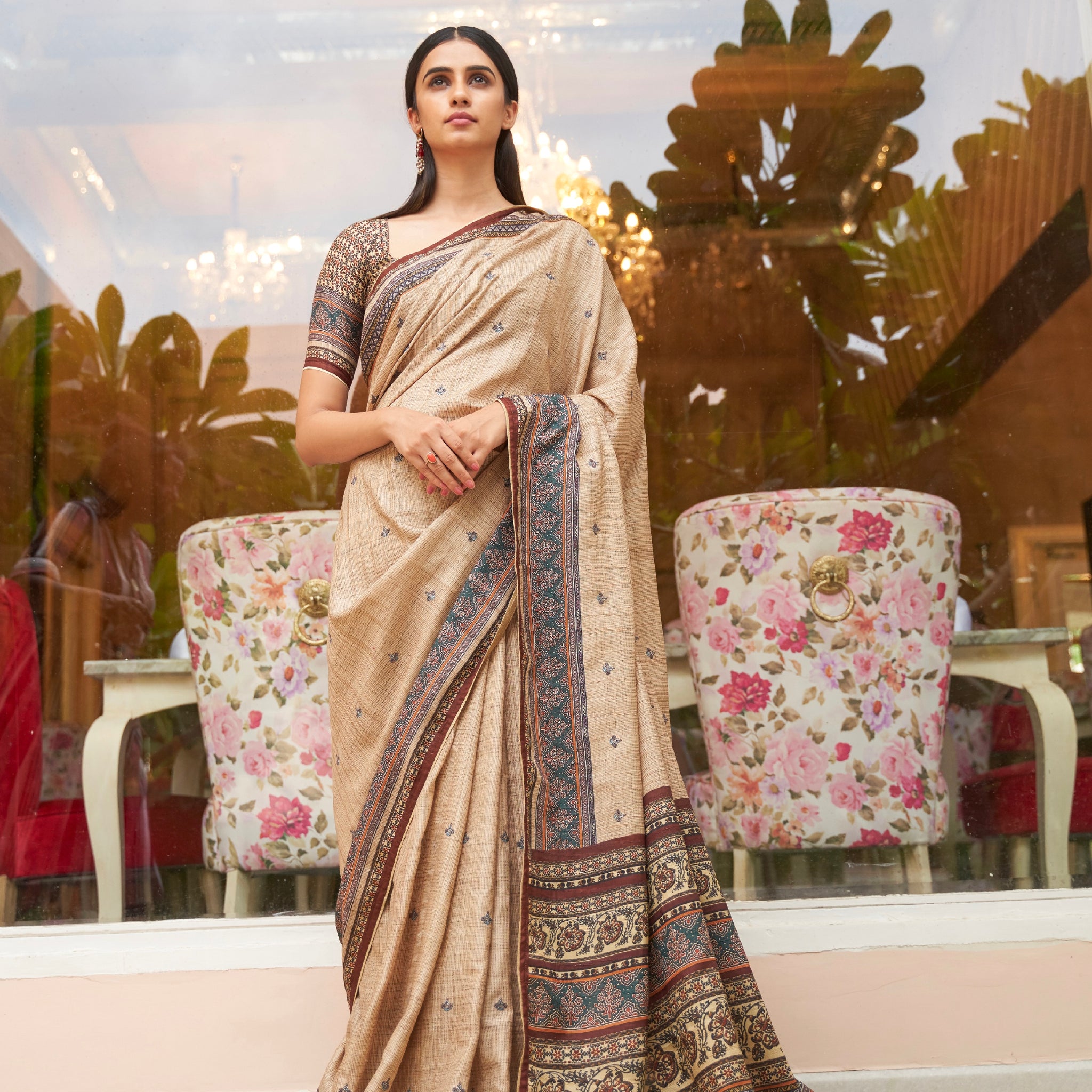 Beige and Black Soft Khadi Silk Saree with Digital Print and Foil Work