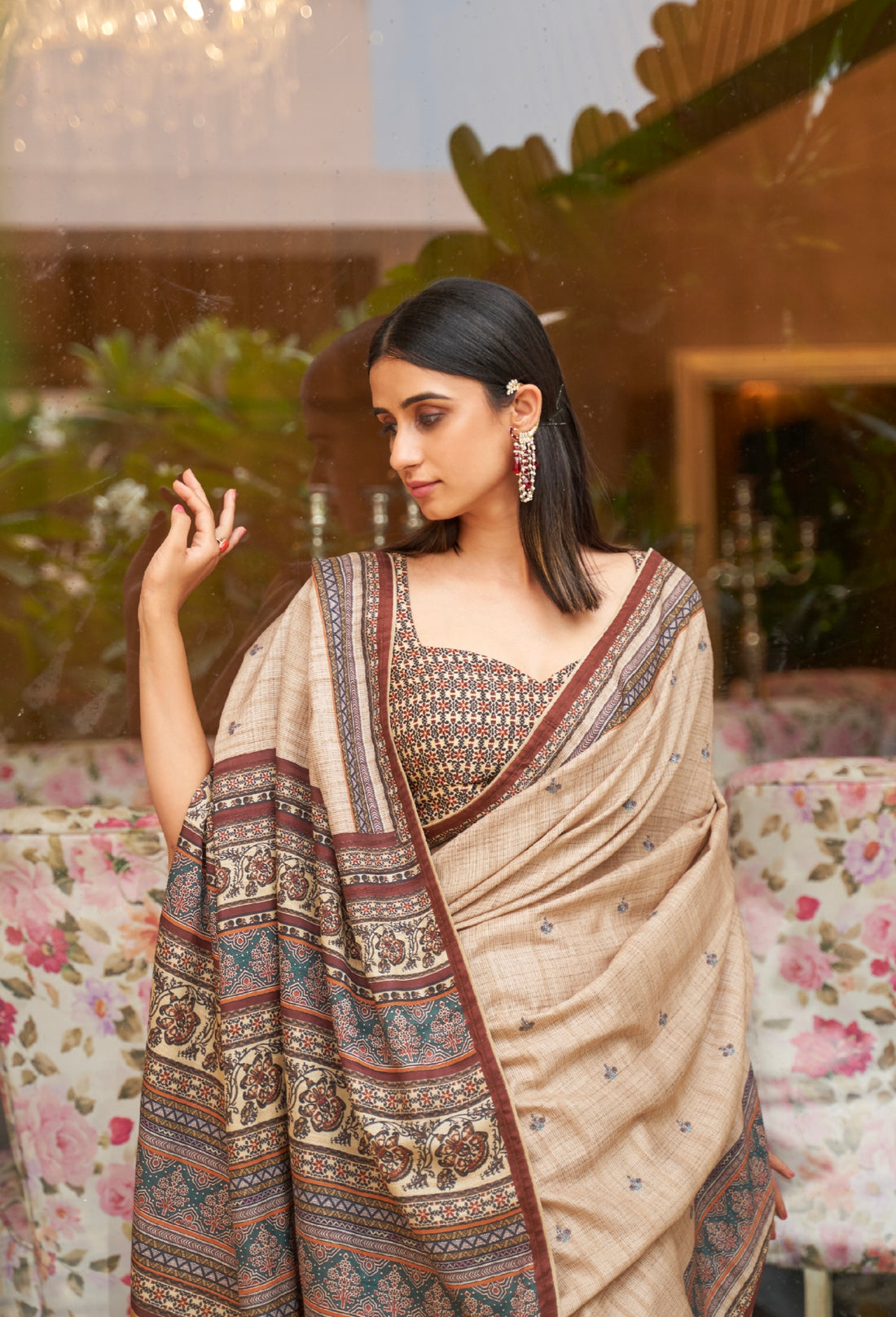 Beige and Black Soft Khadi Silk Saree with Digital Print and Foil Work