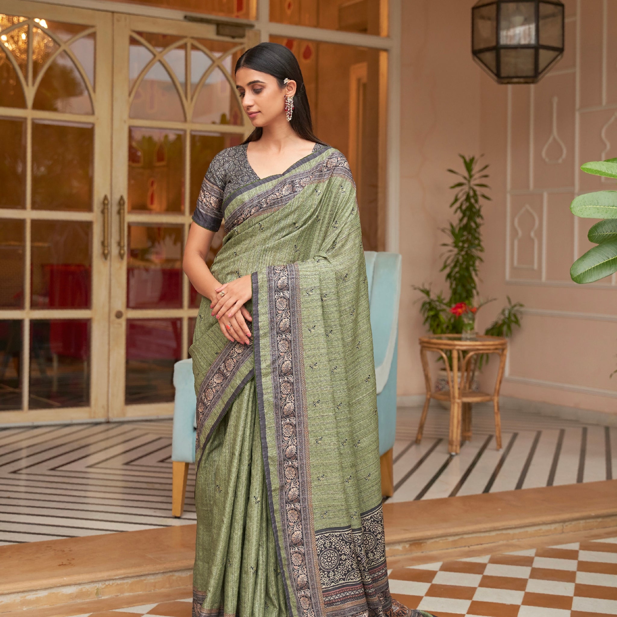 Green Soft Khadi Silk Saree with Digital Print and Foil Work