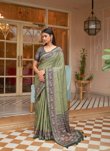 Green Soft Khadi Silk Saree with Digital Print and Foil Work