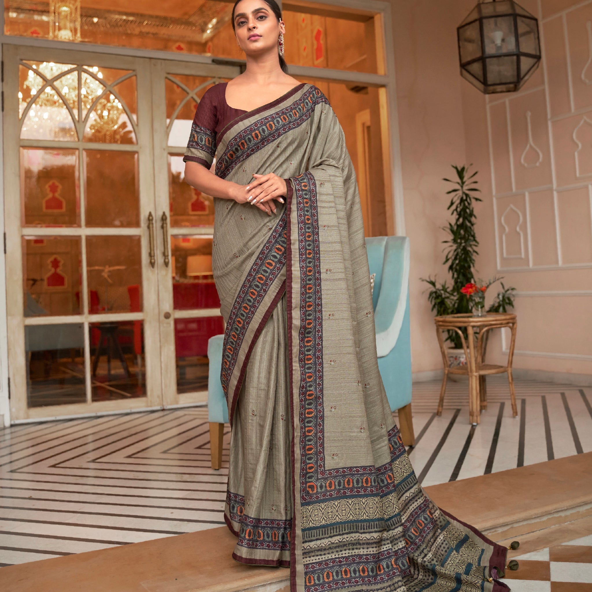 Grey and Black Soft Khadi Silk Saree with Digital Print and Foil Work